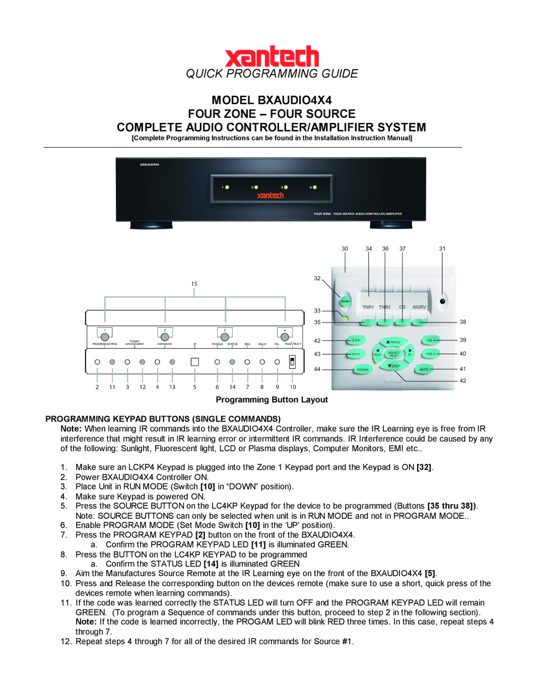 Xantech BXAUDIO4X4 instruction manual Programming Keypad Buttons Single Commands 