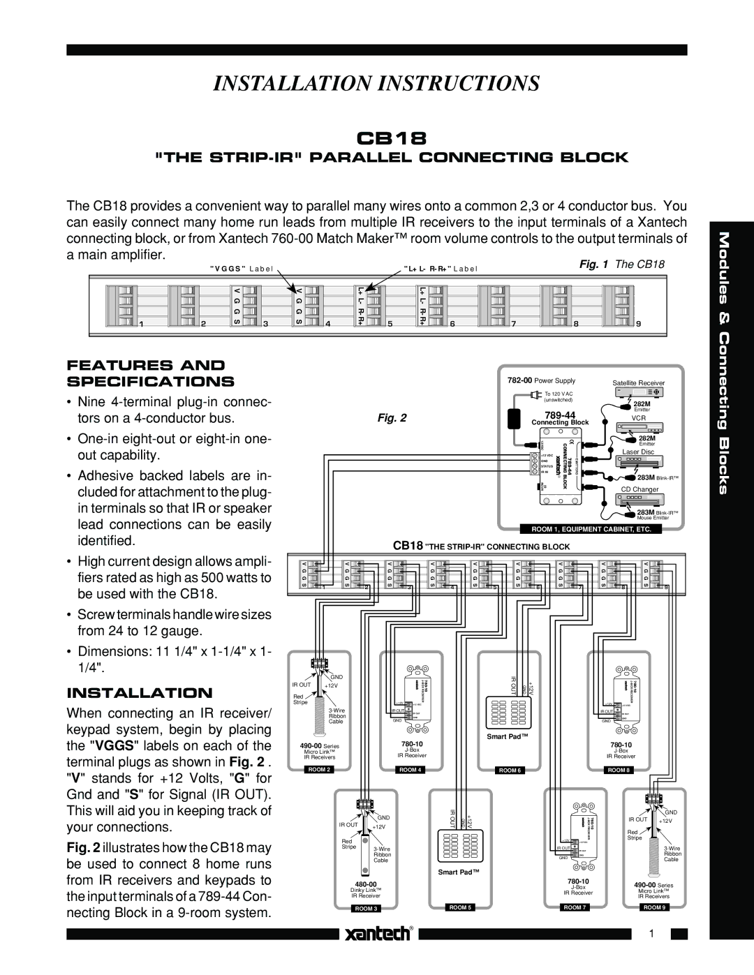 Xantech CB18 installation instructions STRIP-IR Parallel Connecting Block, Features and Specifications, Installation 