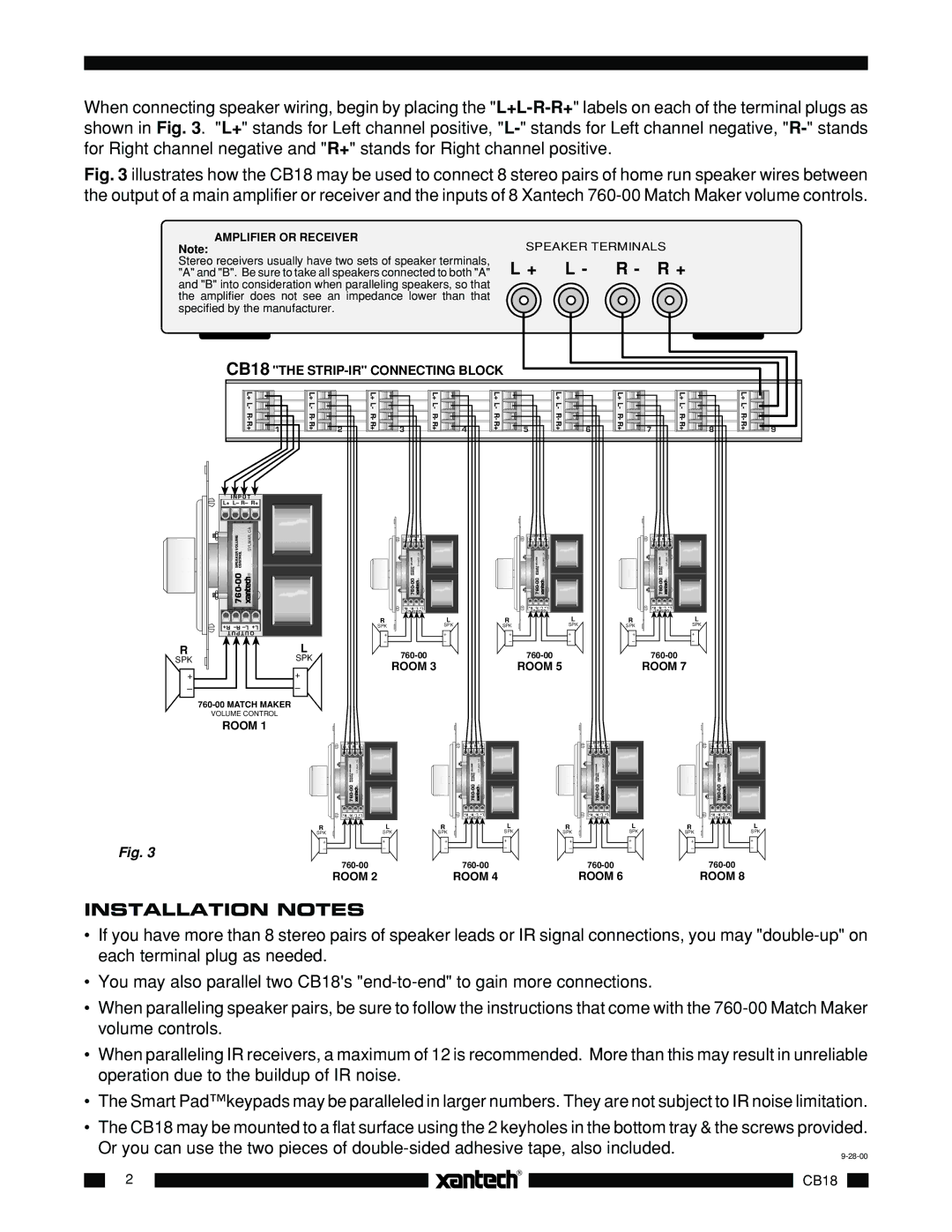 Xantech CB18 installation instructions Installation Notes, Amplifier or Receiver 