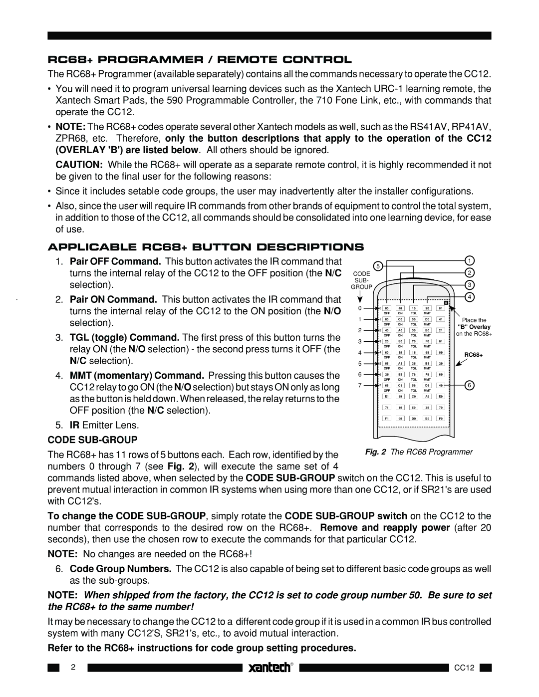 Xantech CC12 installation instructions RC68+ Programmer / Remote Control, Applicable RC68+ Button Descriptions 