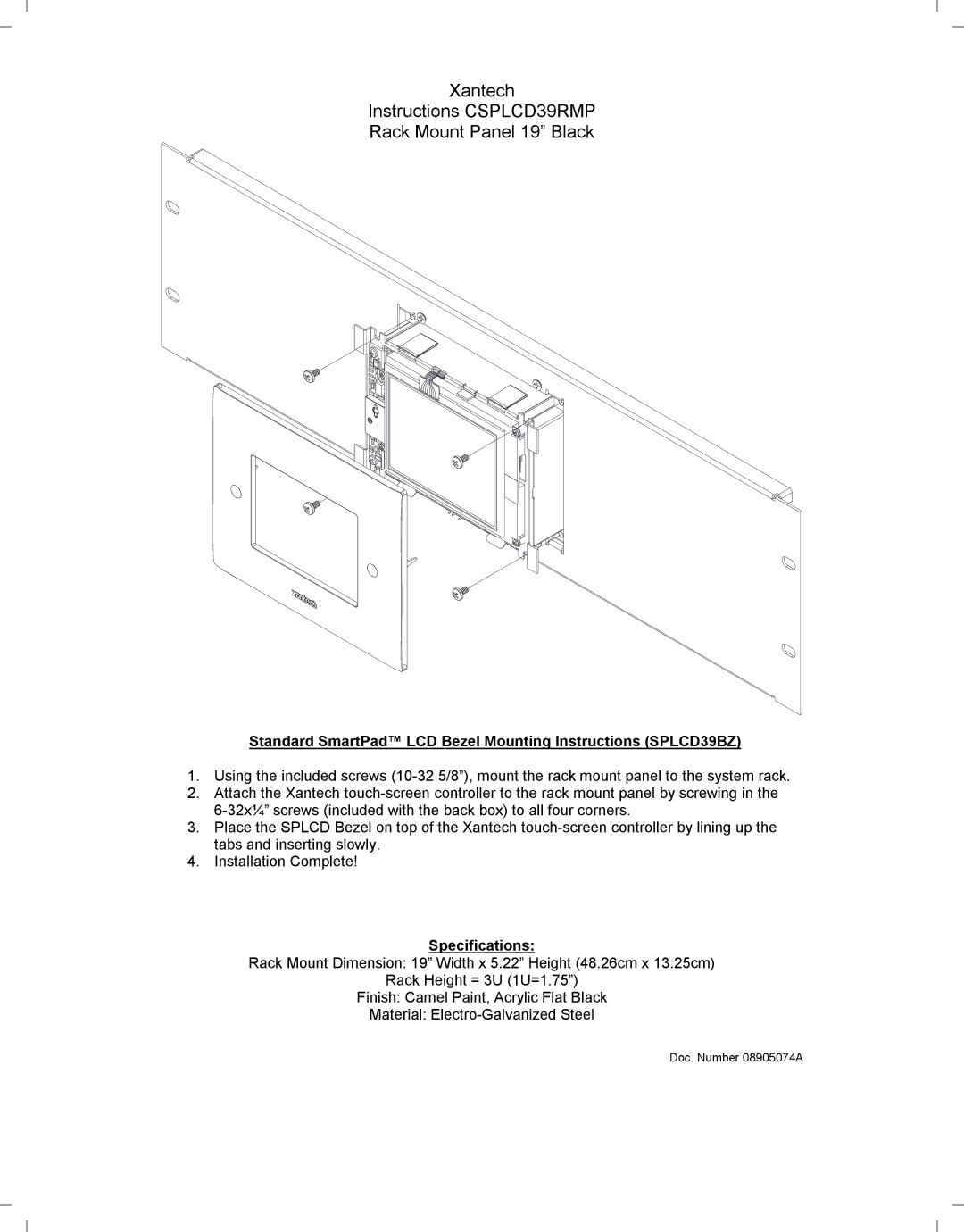 Xantech specifications Xantech Instructions CSPLCD39RMP Rack Mount Panel 19 Black, Specifications 