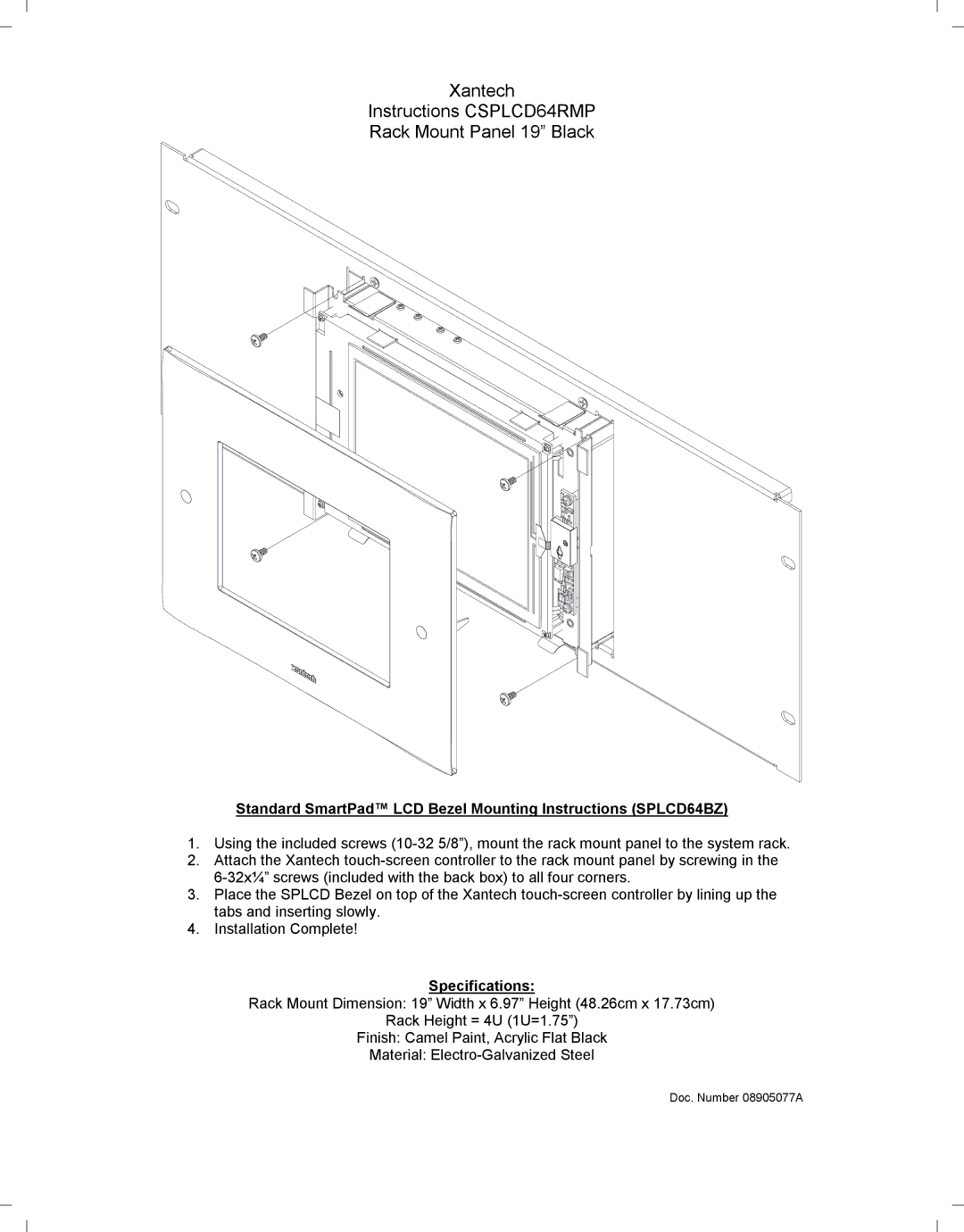 Xantech specifications Xantech Instructions CSPLCD64RMP Rack Mount Panel 19 Black, Specifications 