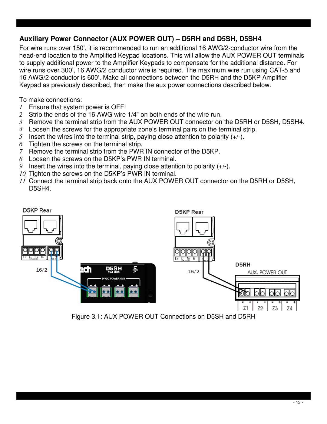 Xantech D5KP installation instructions Auxiliary Power Connector AUX Power OUT D5RH and D5SH, D5SH4 