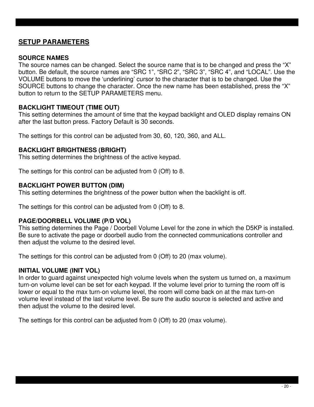 Xantech D5KP installation instructions Setup Parameters 