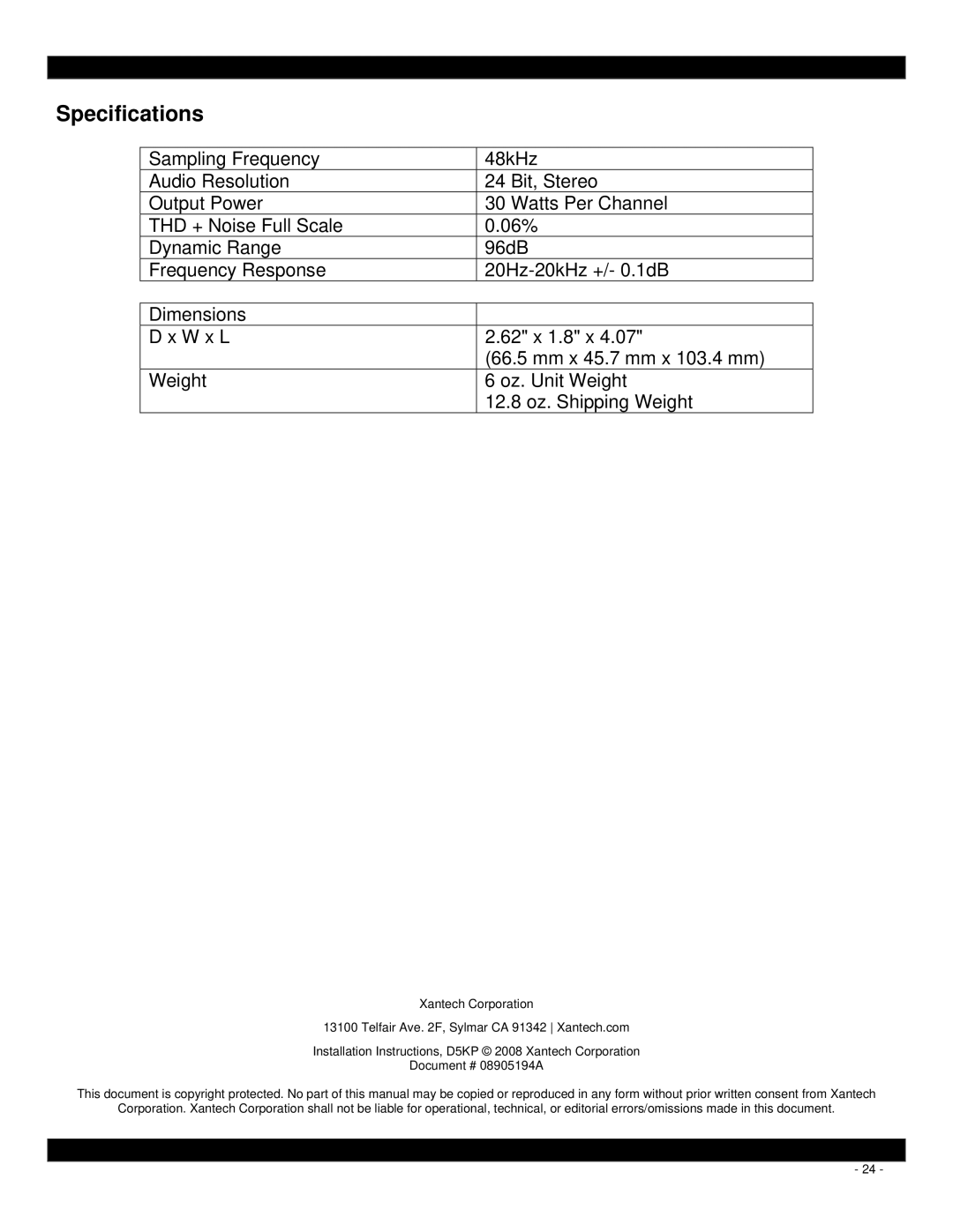 Xantech D5KP installation instructions Specifications 