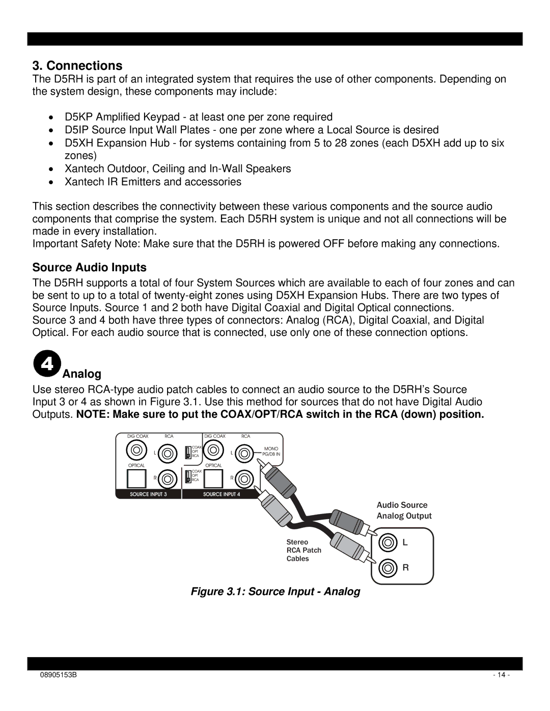 Xantech D5RH installation instructions Connections, Source Audio Inputs, Analog 