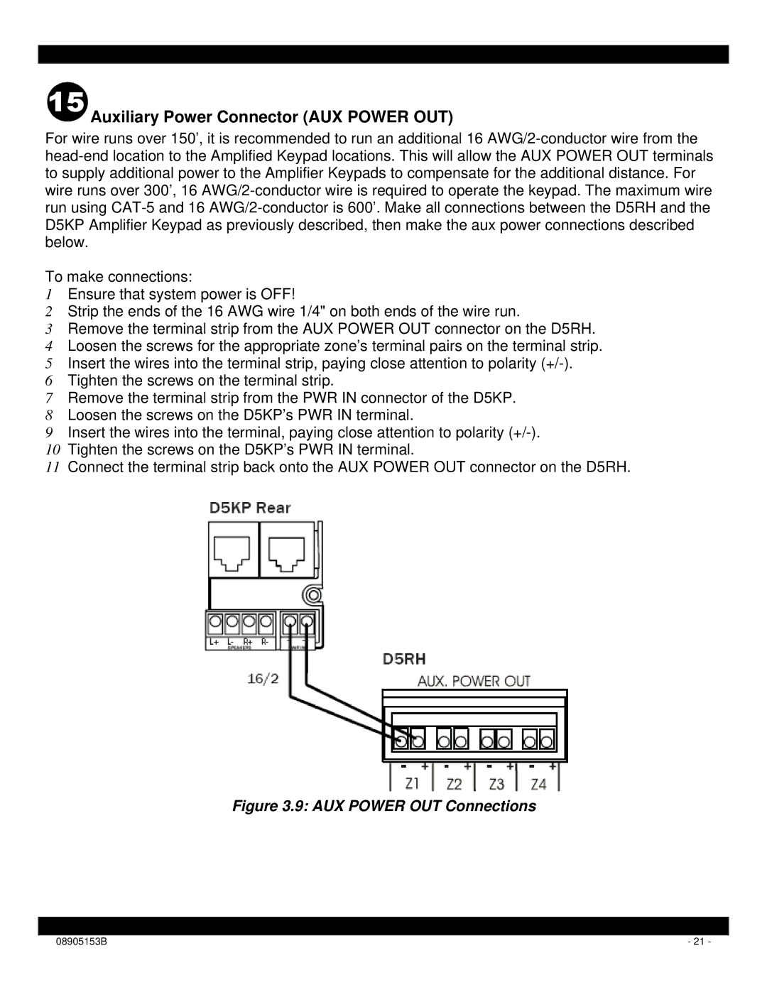 Xantech D5RH installation instructions Auxiliary Power Connector AUX Power OUT, AUX Power OUT Connections 