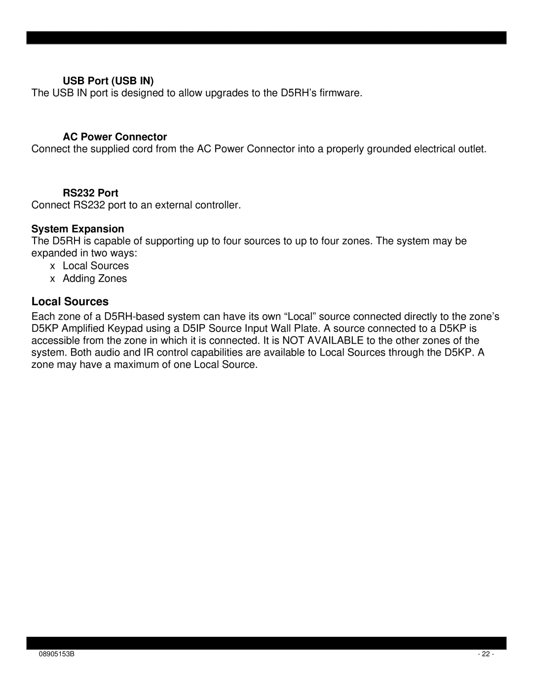 Xantech D5RH installation instructions Local Sources, AC Power Connector 