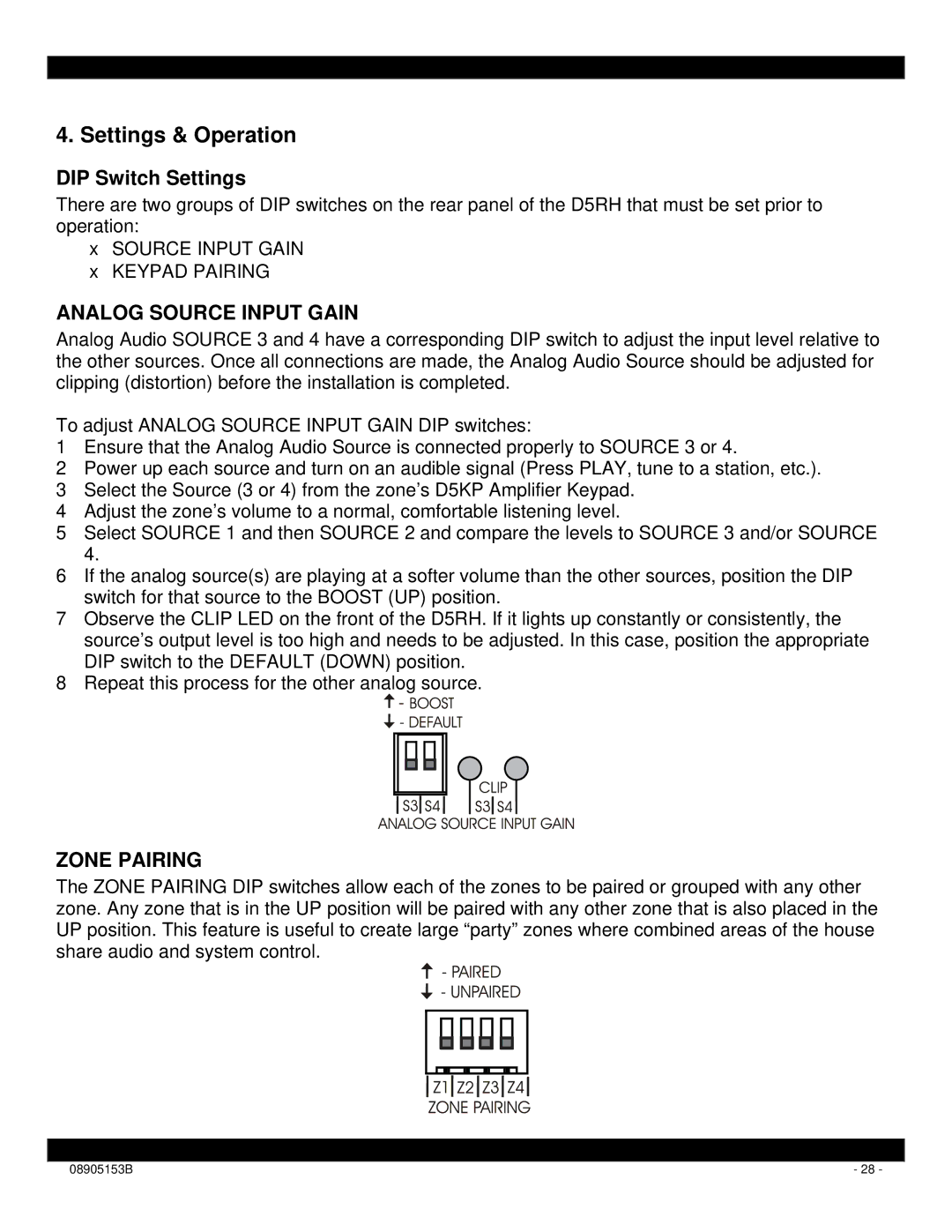 Xantech D5RH installation instructions Settings & Operation, DIP Switch Settings, Analog Source Input Gain, Zone Pairing 