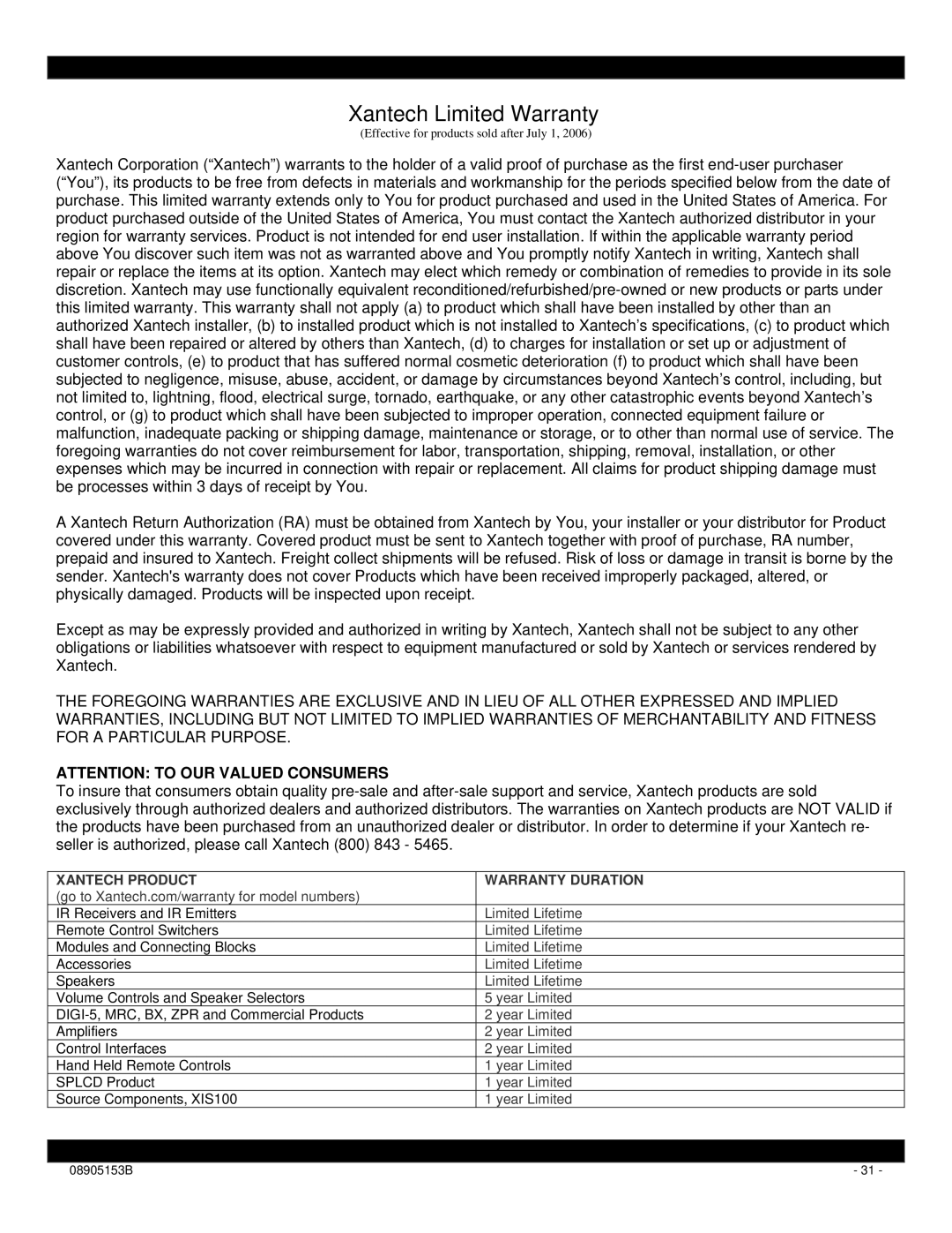 Xantech D5RH installation instructions Xantech Limited Warranty 