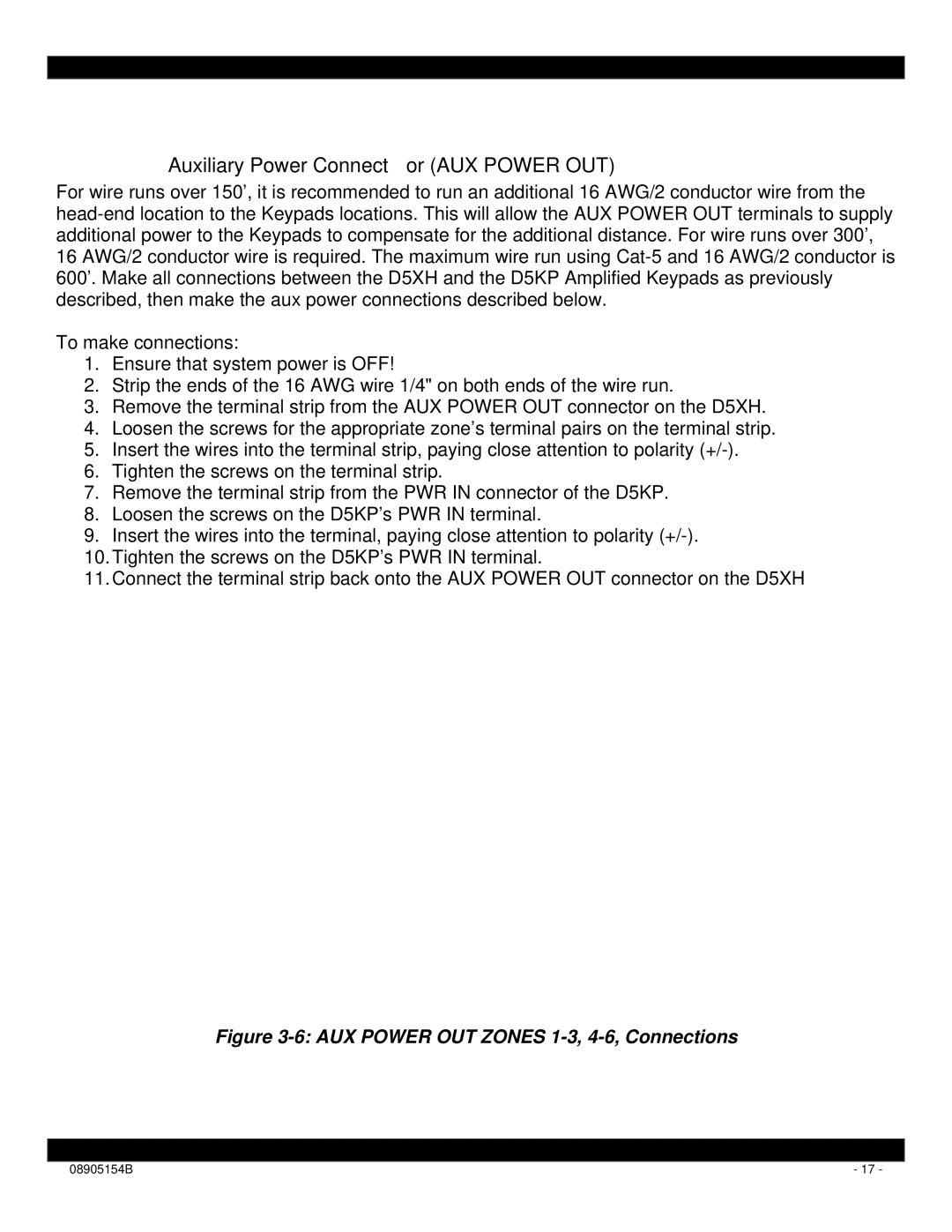 Xantech D5XH installation instructions Auxiliary Power Connector AUX Power OUT, AUX Power OUT Zones 1-3, 4-6, Connections 