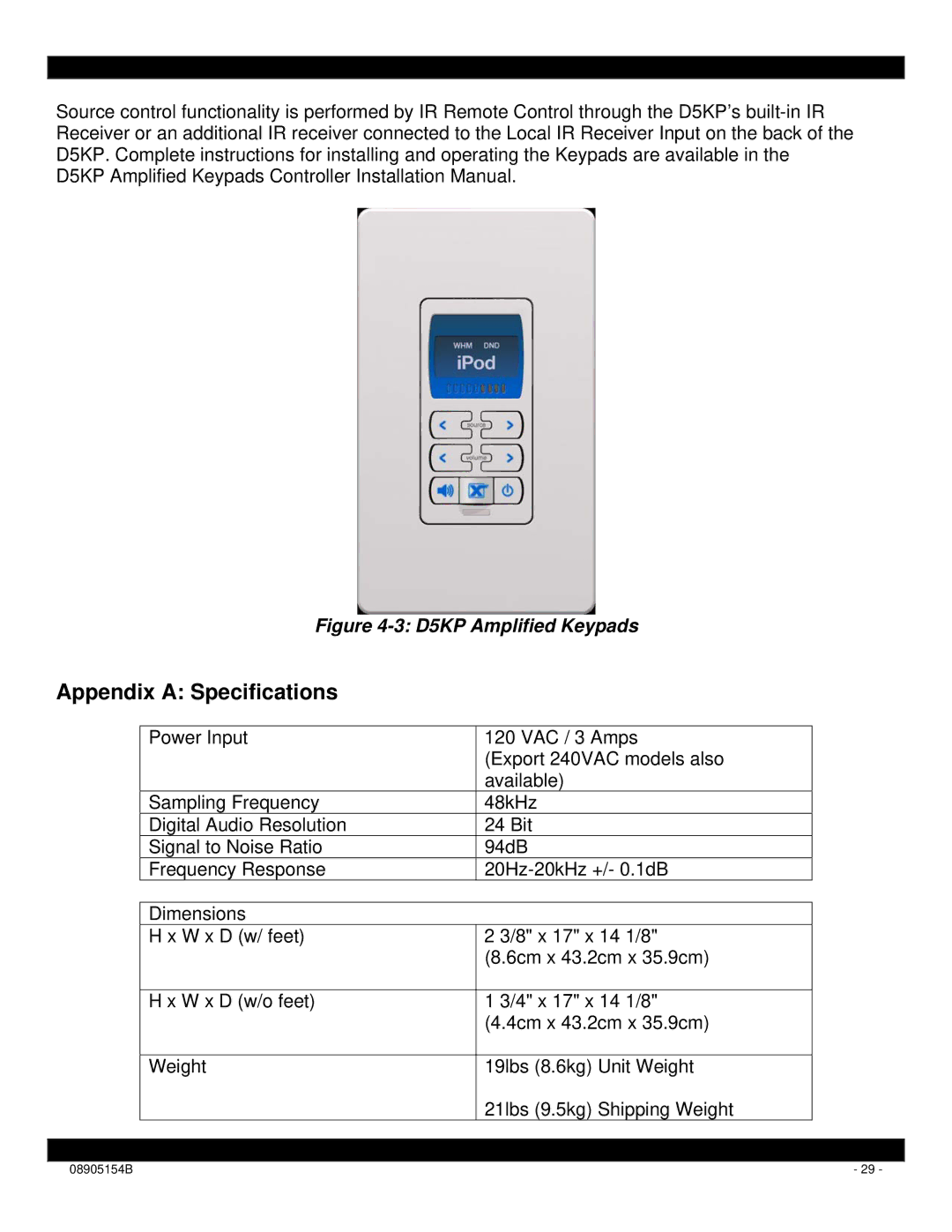 Xantech D5XH installation instructions Appendix a Specifications, D5KP Amplified Keypads 