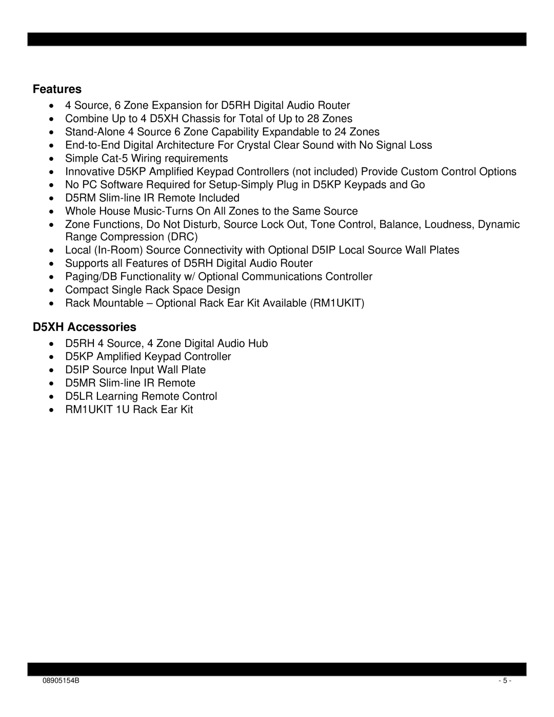 Xantech installation instructions Features, D5XH Accessories 