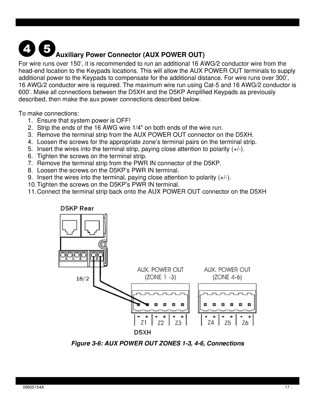 Xantech D5XH installation instructions Auxiliary Power Connector AUX Power OUT, AUX Power OUT Zones 1-3, 4-6, Connections 