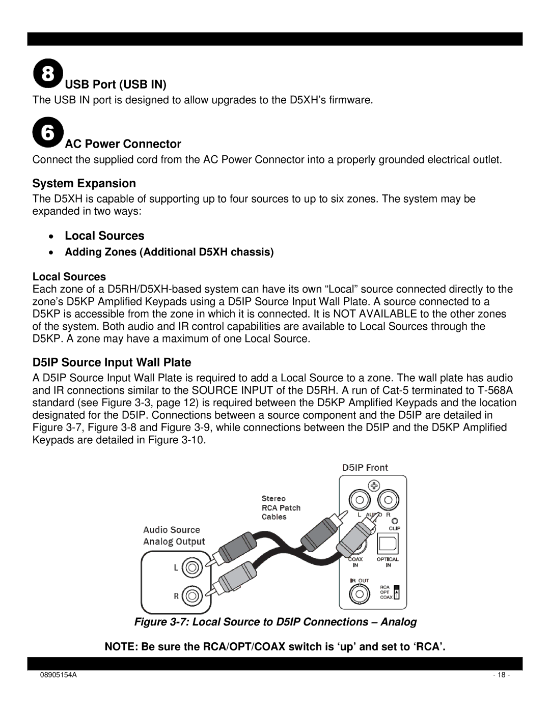 Xantech D5XH USB Port USB, AC Power Connector, System Expansion, Local Sources, D5IP Source Input Wall Plate 