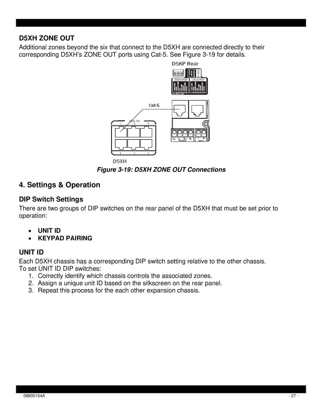 Xantech D5XH installation instructions Settings & Operation, DIP Switch Settings, Unit ID 