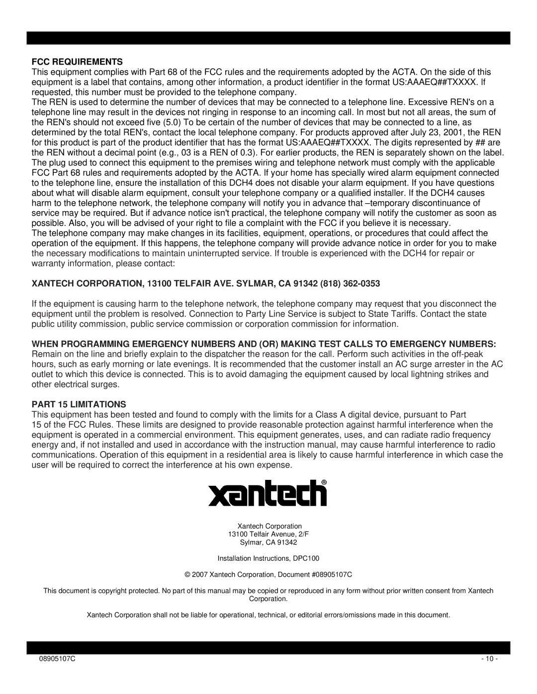 Xantech DCH4 installation instructions Xantech CORPORATION, 13100 Telfair AVE. SYLMAR, CA 91342 818 