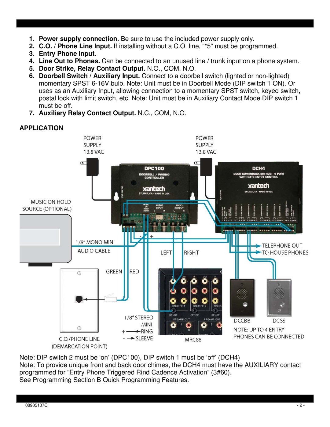 Xantech DCH4 installation instructions Entry Phone Input, Door Strike, Relay Contact Output. N.O., COM, N.O, Application 