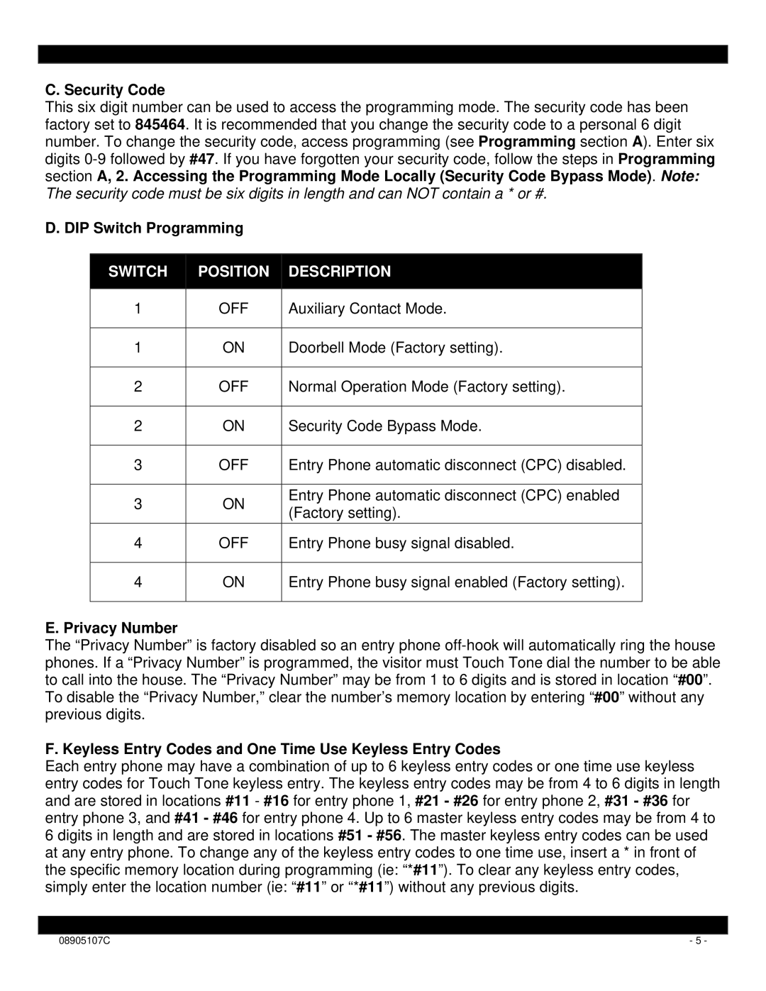 Xantech DCH4 installation instructions Security Code, DIP Switch Programming, Privacy Number 