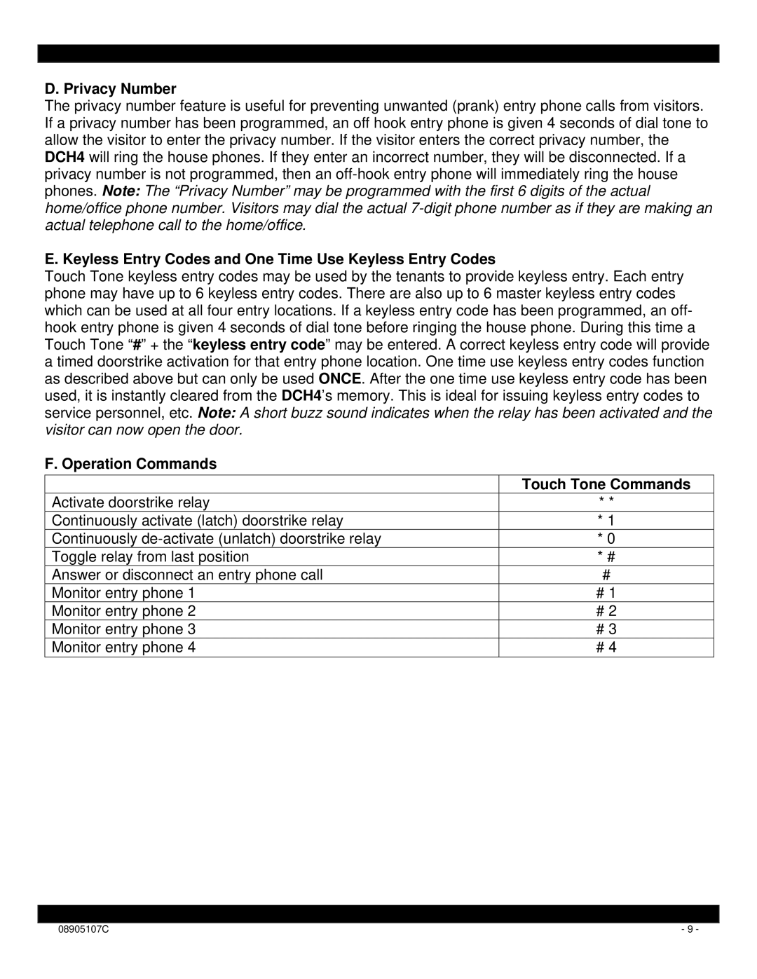 Xantech DCH4 installation instructions Privacy Number, Operation Commands Touch Tone Commands 