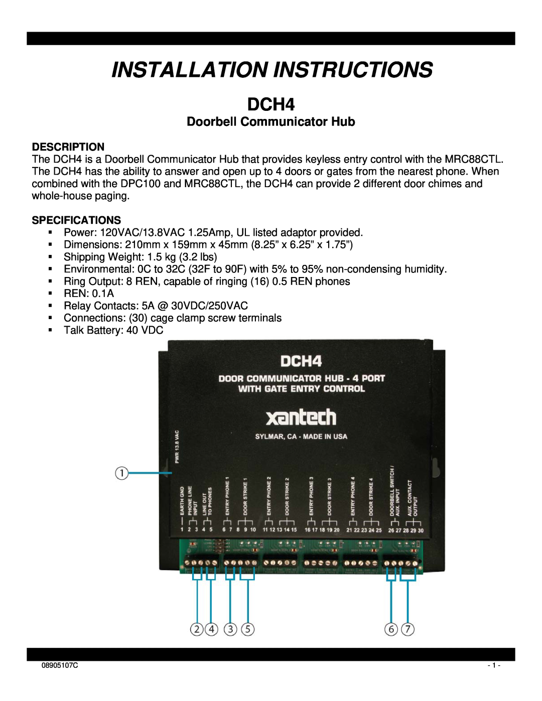 Xantech DCH4 installation instructions Description, Specifications, Installation Instructions, Doorbell Communicator Hub 