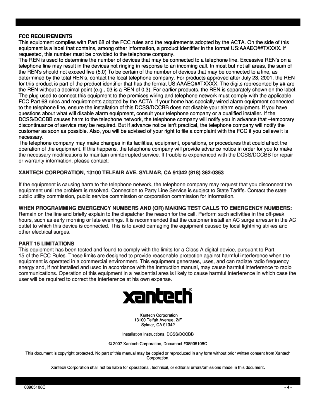 Xantech DCSS, DCCBB installation instructions Fcc Requirements 