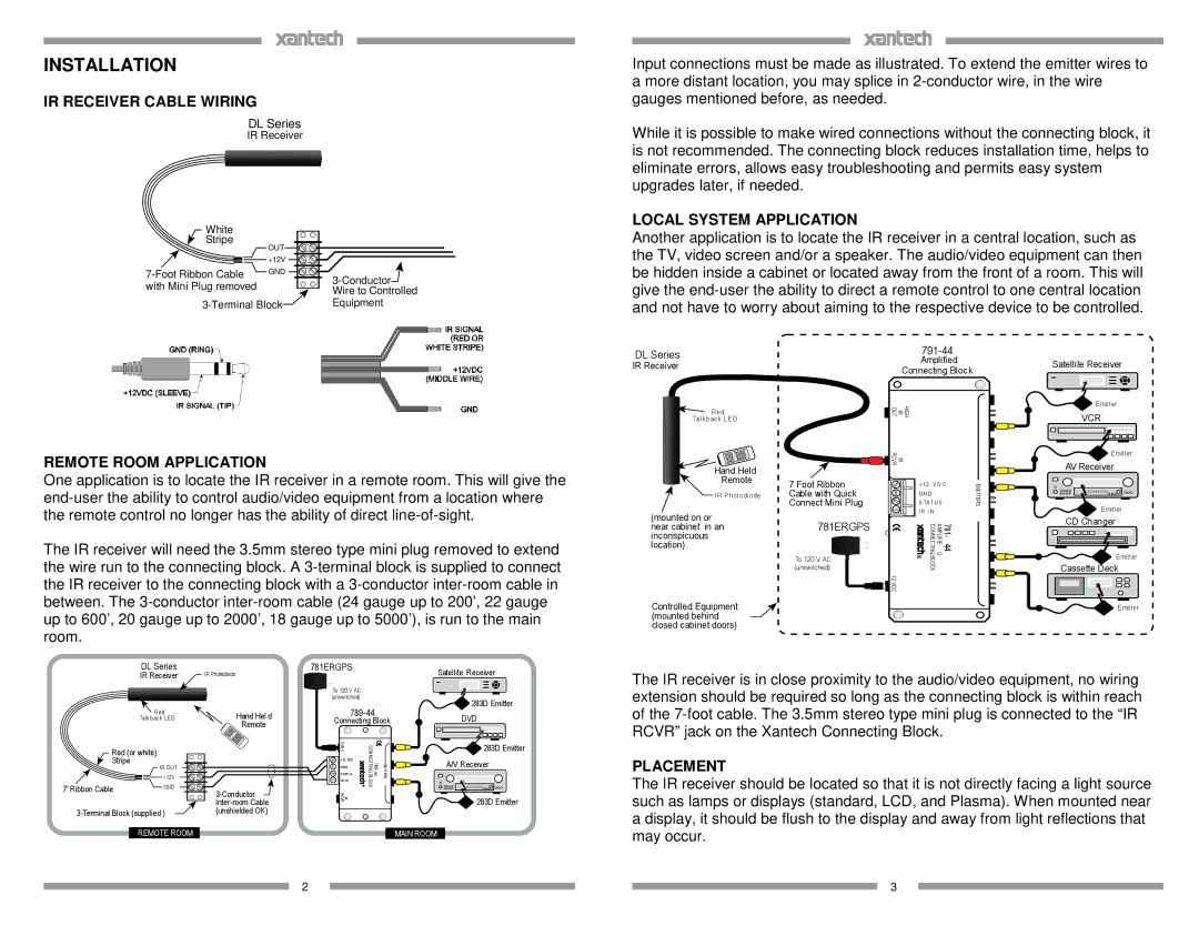 Xantech DL25 Installation, IR Receiver Cable Wiring, Local System Application, Remote Room Application, Placement 