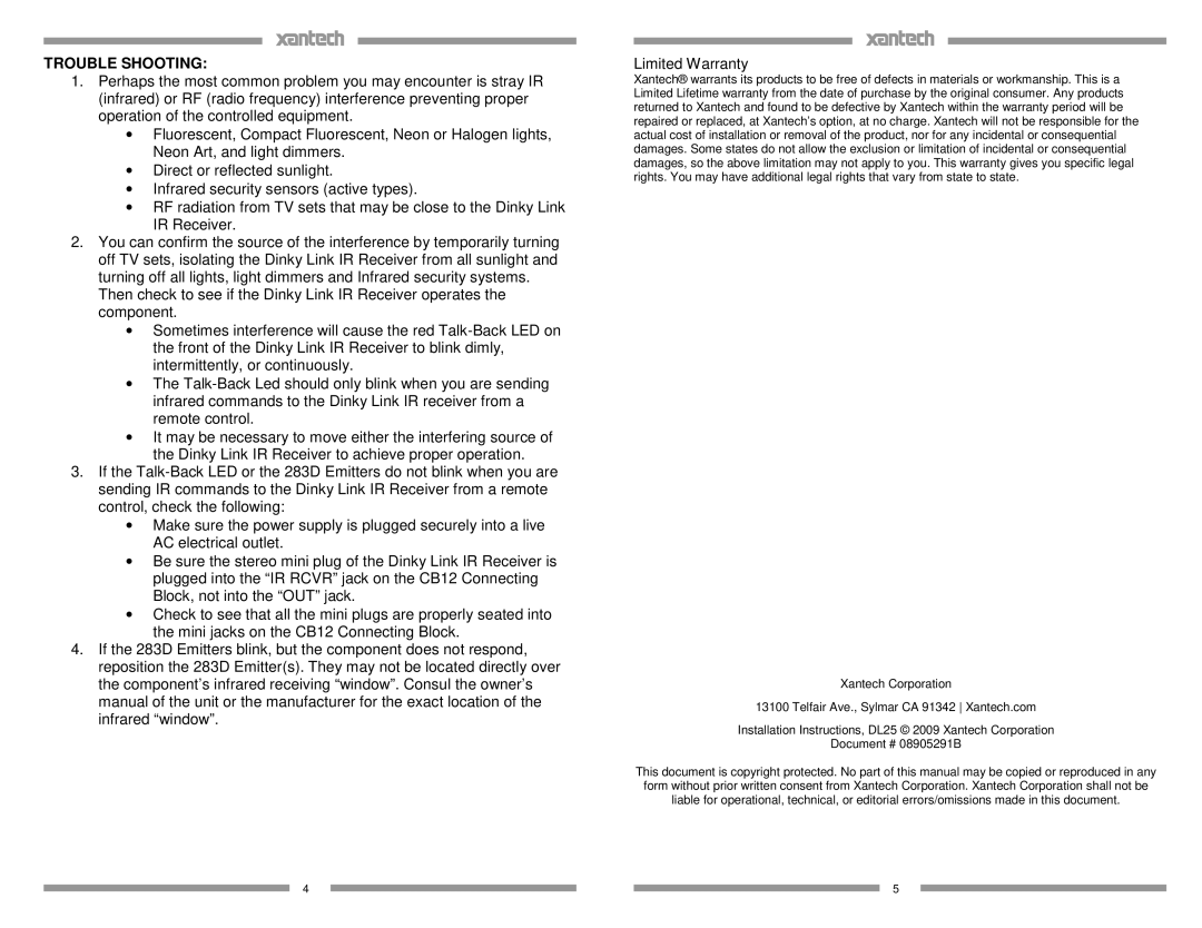 Xantech DL25 installation instructions Trouble Shooting 