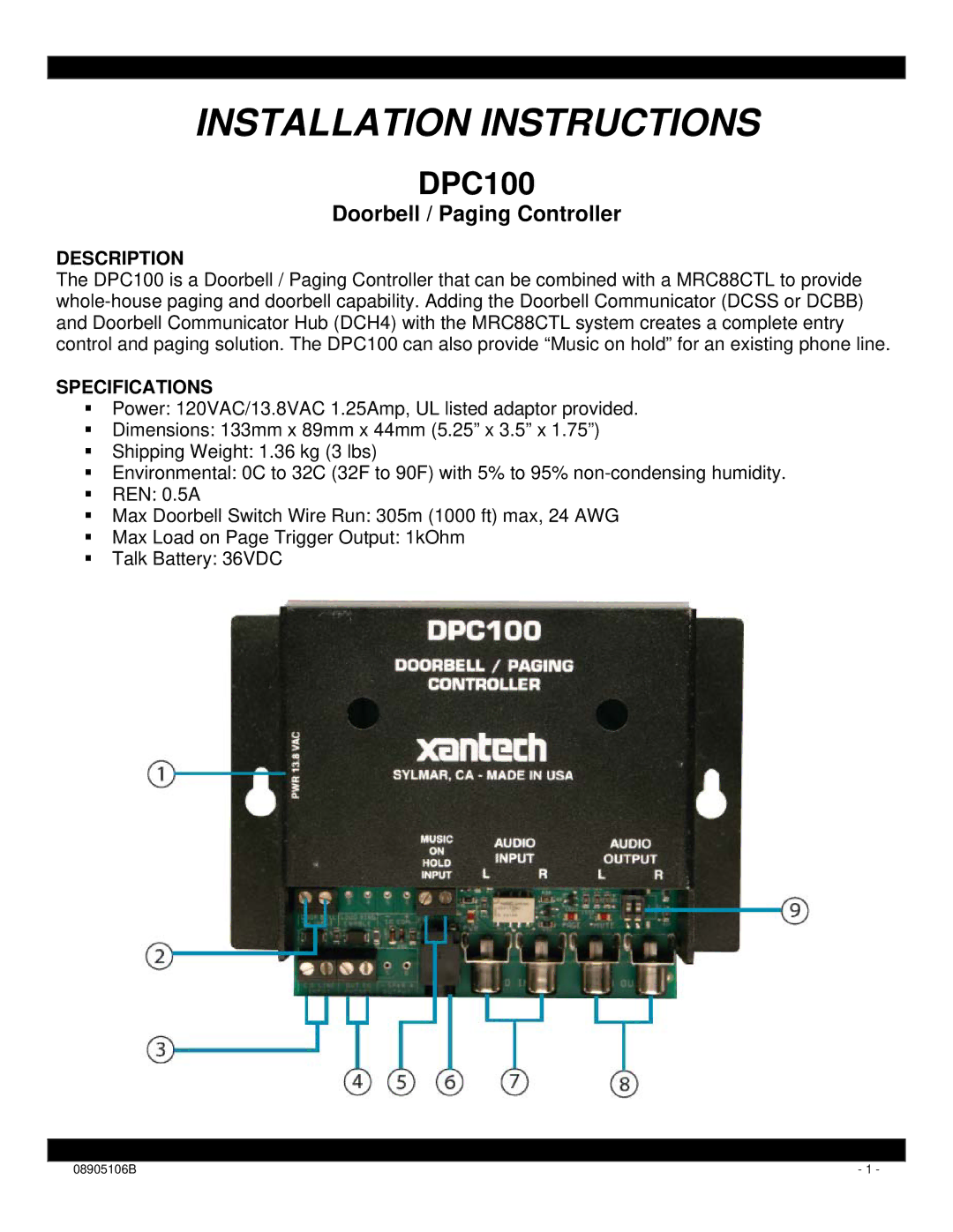 Xantech DPC100 installation instructions Description, Specifications 