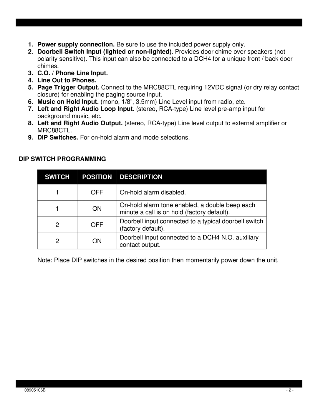 Xantech DPC100 installation instructions DIP Switch Programming, Switch Position Description 