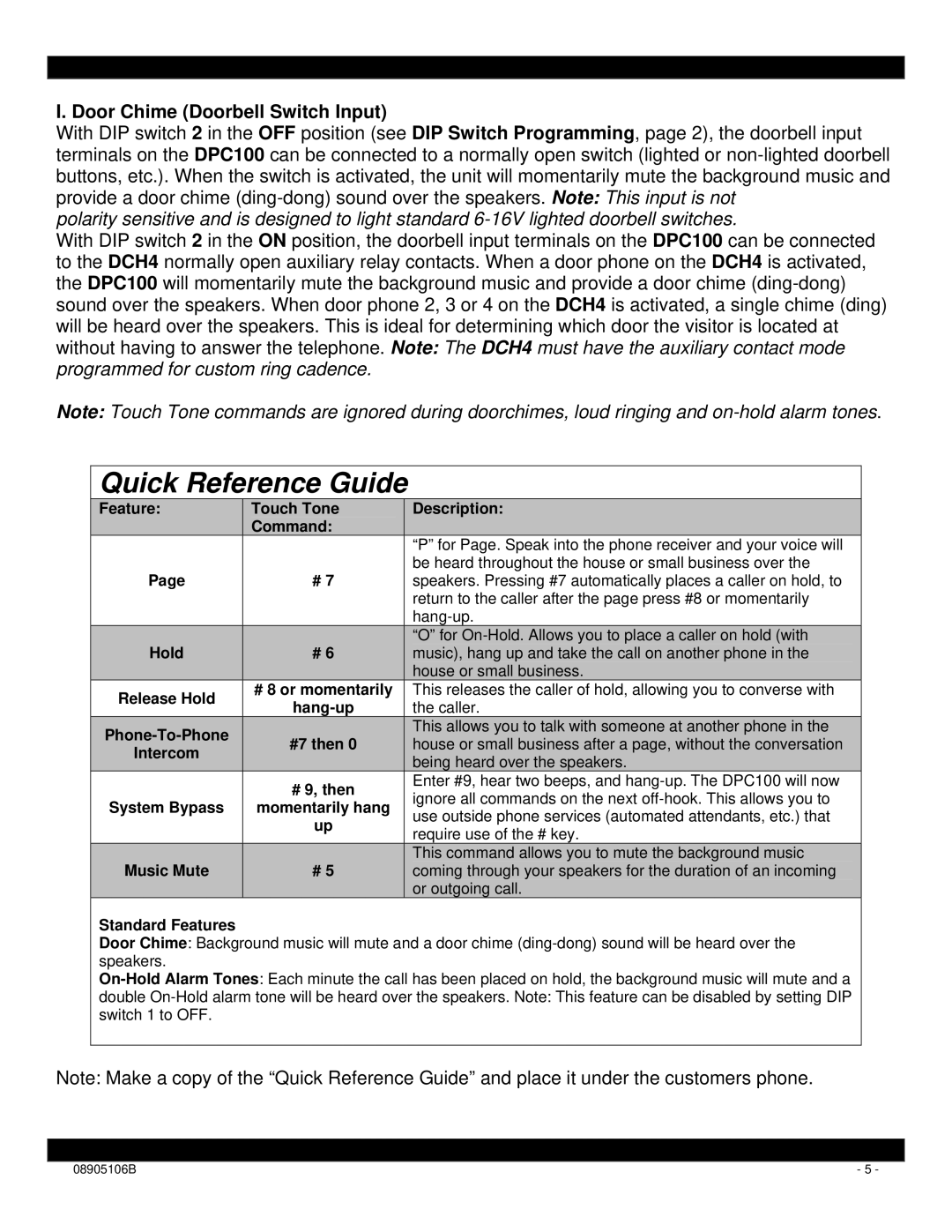 Xantech DPC100 installation instructions Quick Reference Guide, Door Chime Doorbell Switch Input 