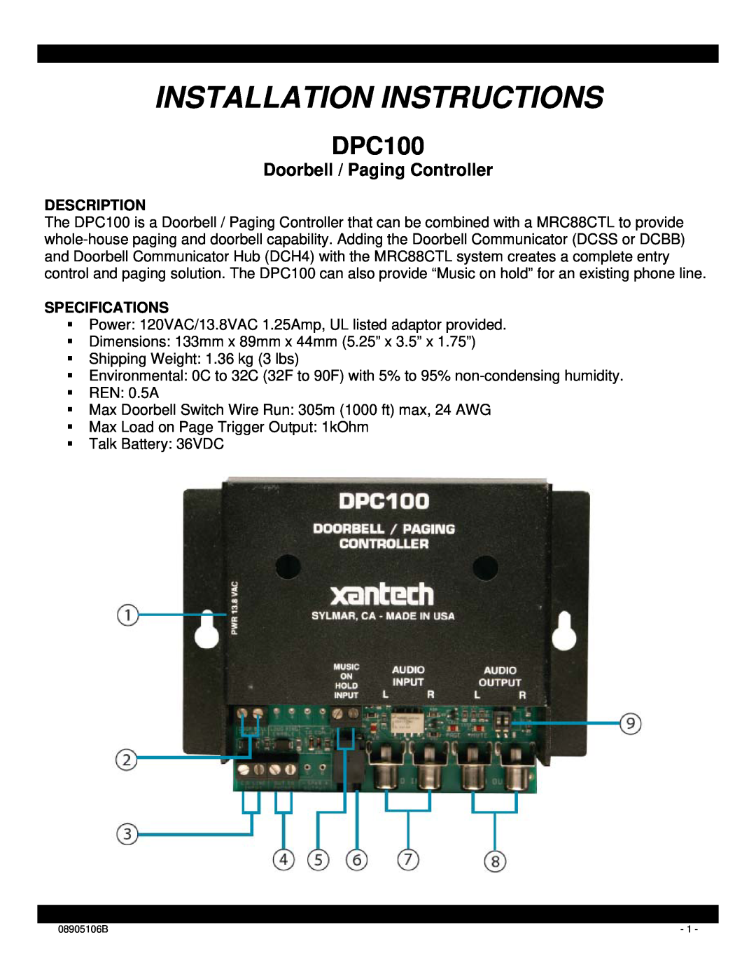 Xantech DPC100 installation instructions Description, Specifications, Installation Instructions 
