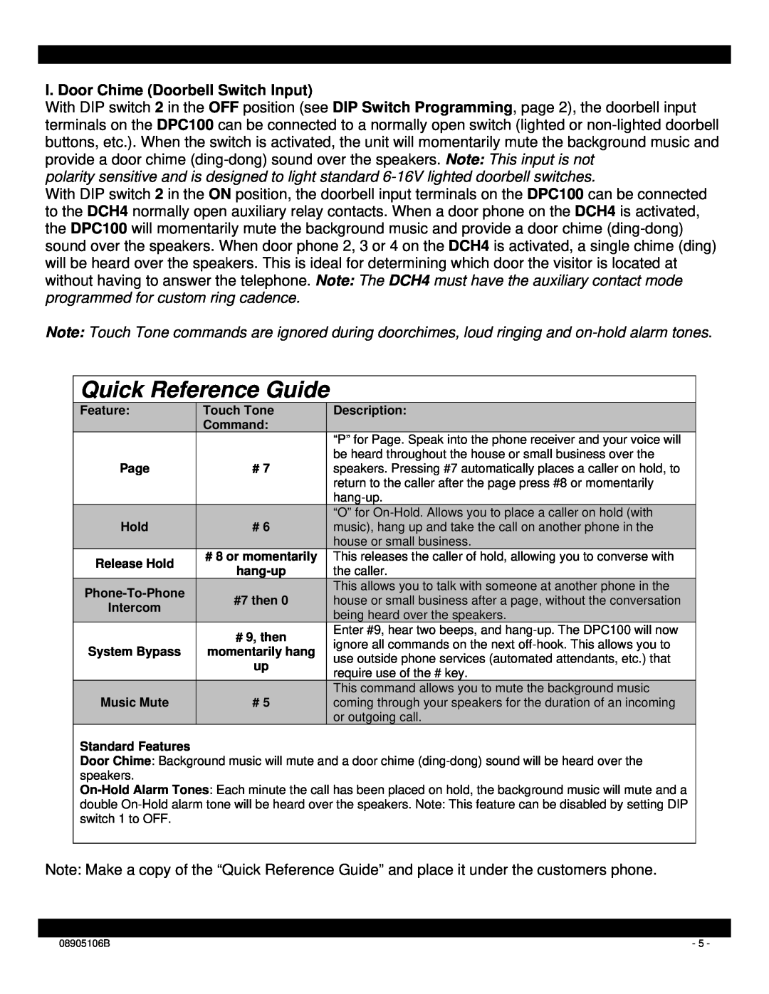 Xantech DPC100 installation instructions I. Door Chime Doorbell Switch Input, Quick Reference Guide 