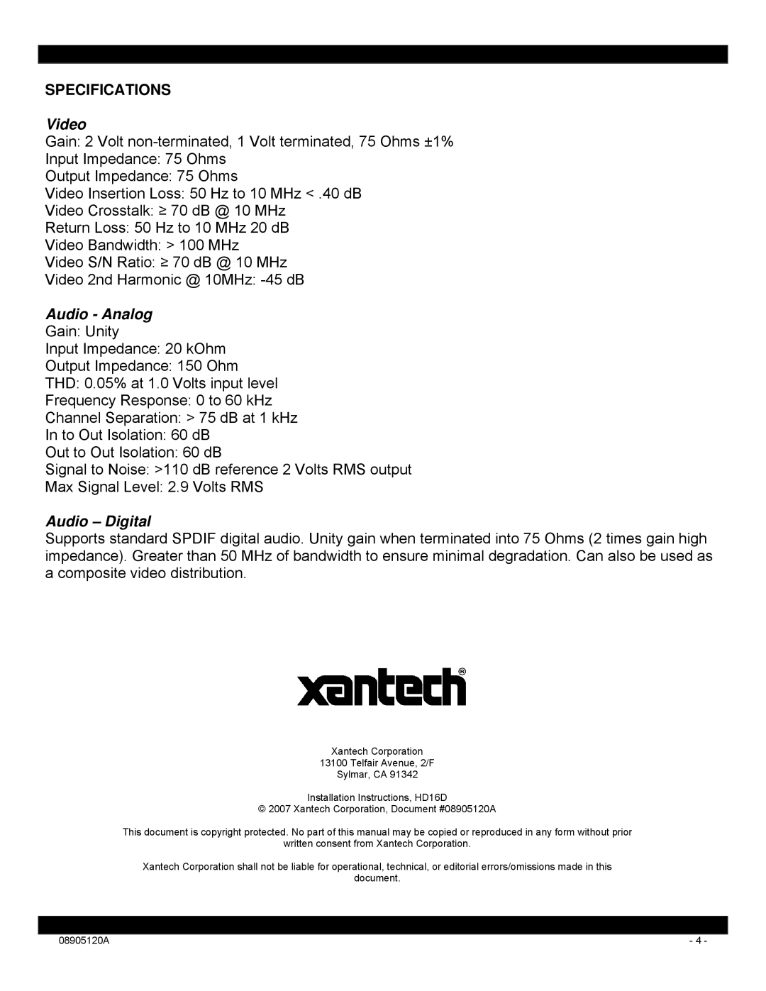 Xantech HD16D installation instructions Specifications, Video, Audio Analog, Audio Digital 