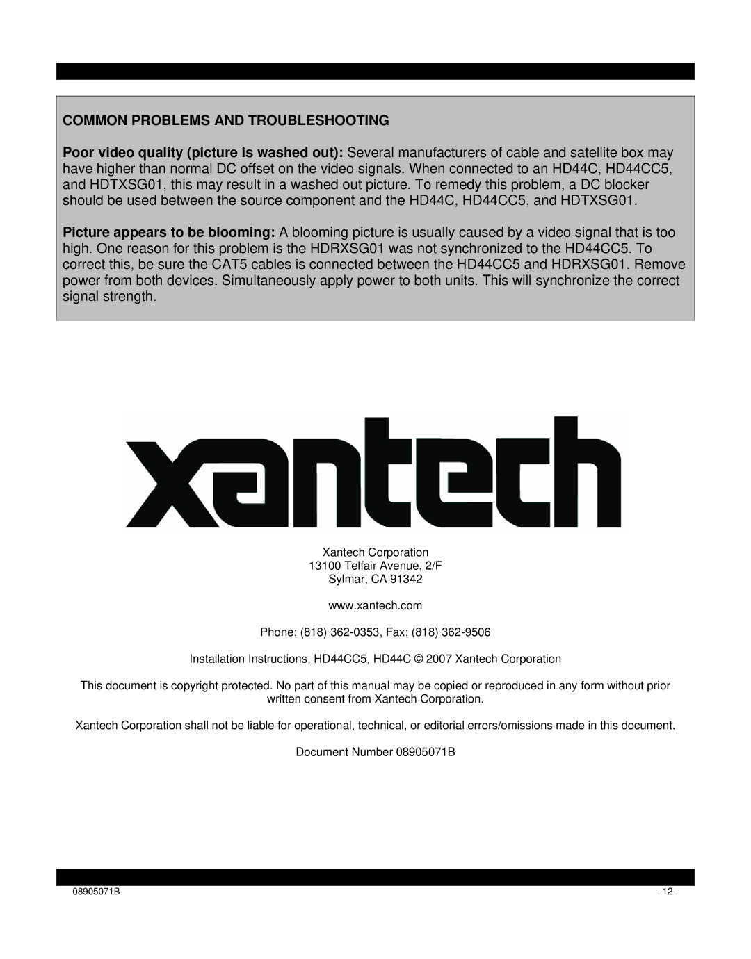 Xantech HD44CC5 installation instructions Common Problems and Troubleshooting 