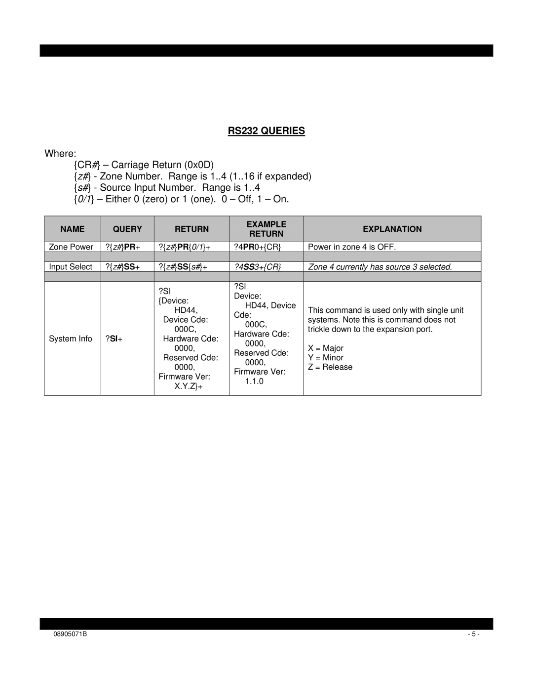 Xantech HD44CC5 installation instructions RS232 Queries, Name Query Return Example Explanation 