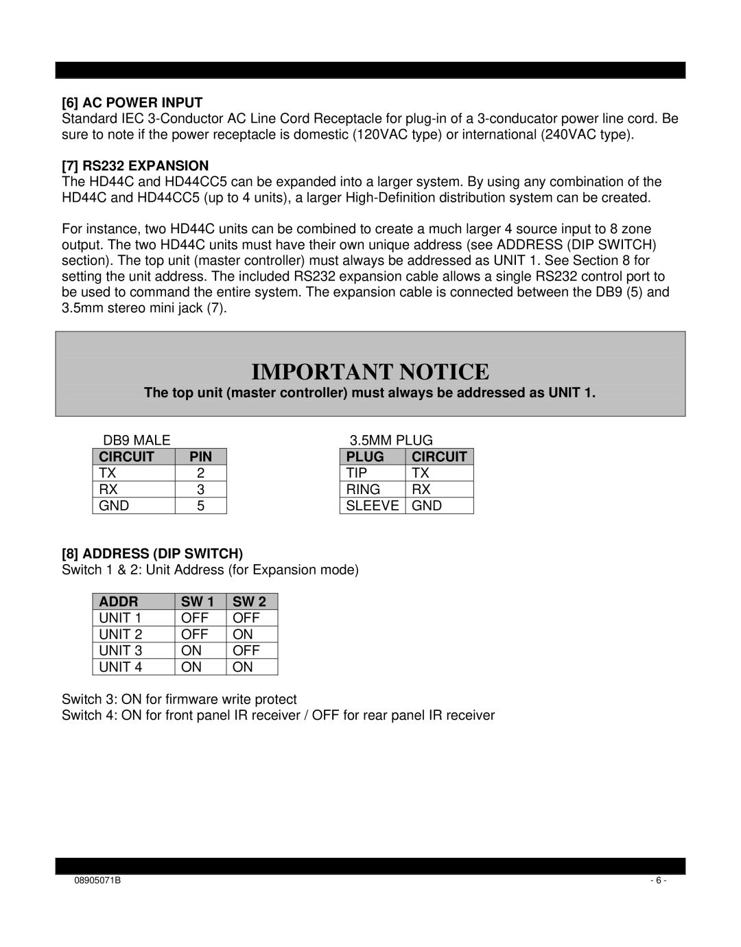 Xantech HD44CC5 installation instructions AC Power Input, RS232 Expansion, Address DIP Switch 