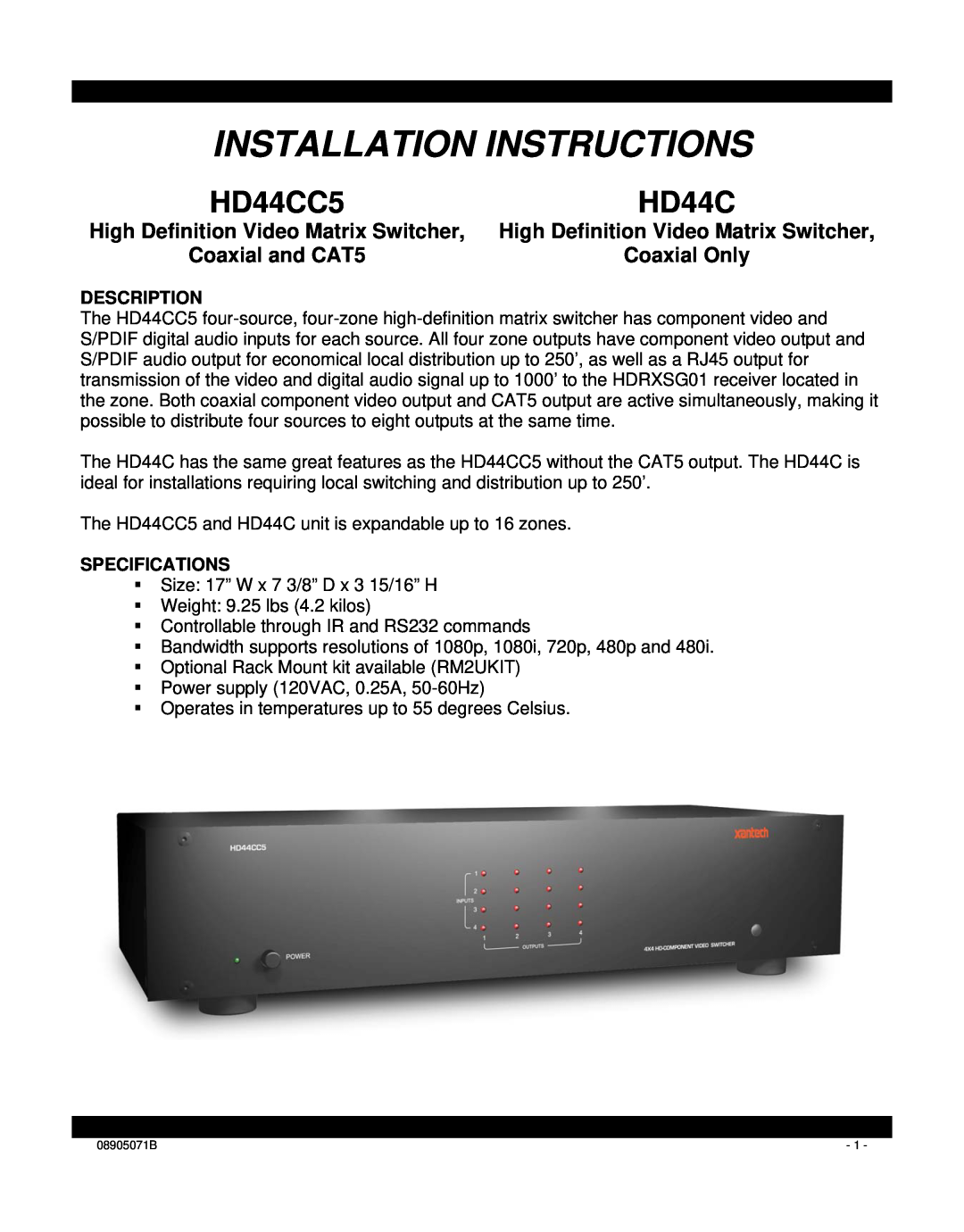 Xantech installation instructions Installation Instructions, HD44CC5, High Definition Video Matrix Switcher 