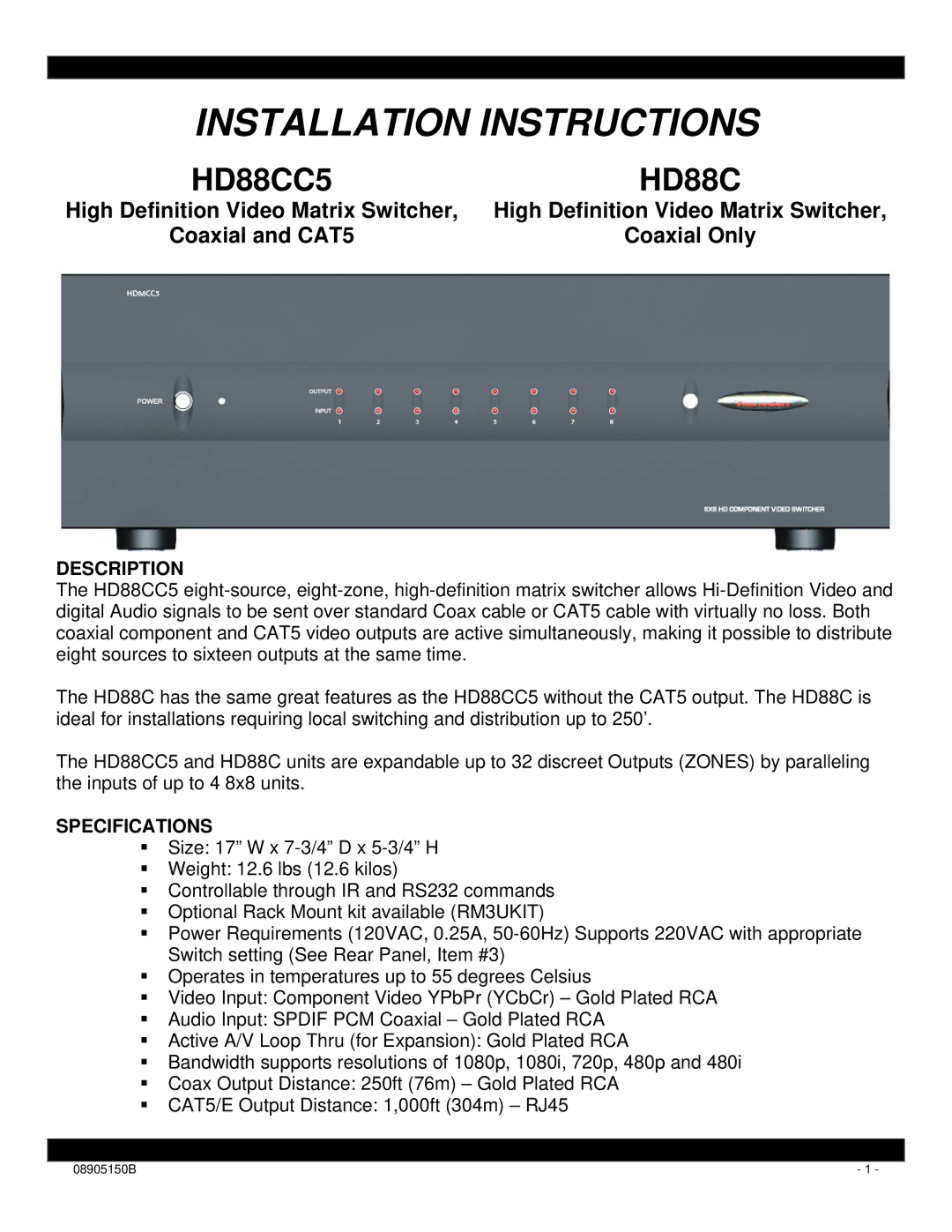 Xantech HD88CC5 installation instructions Description, Specifications 