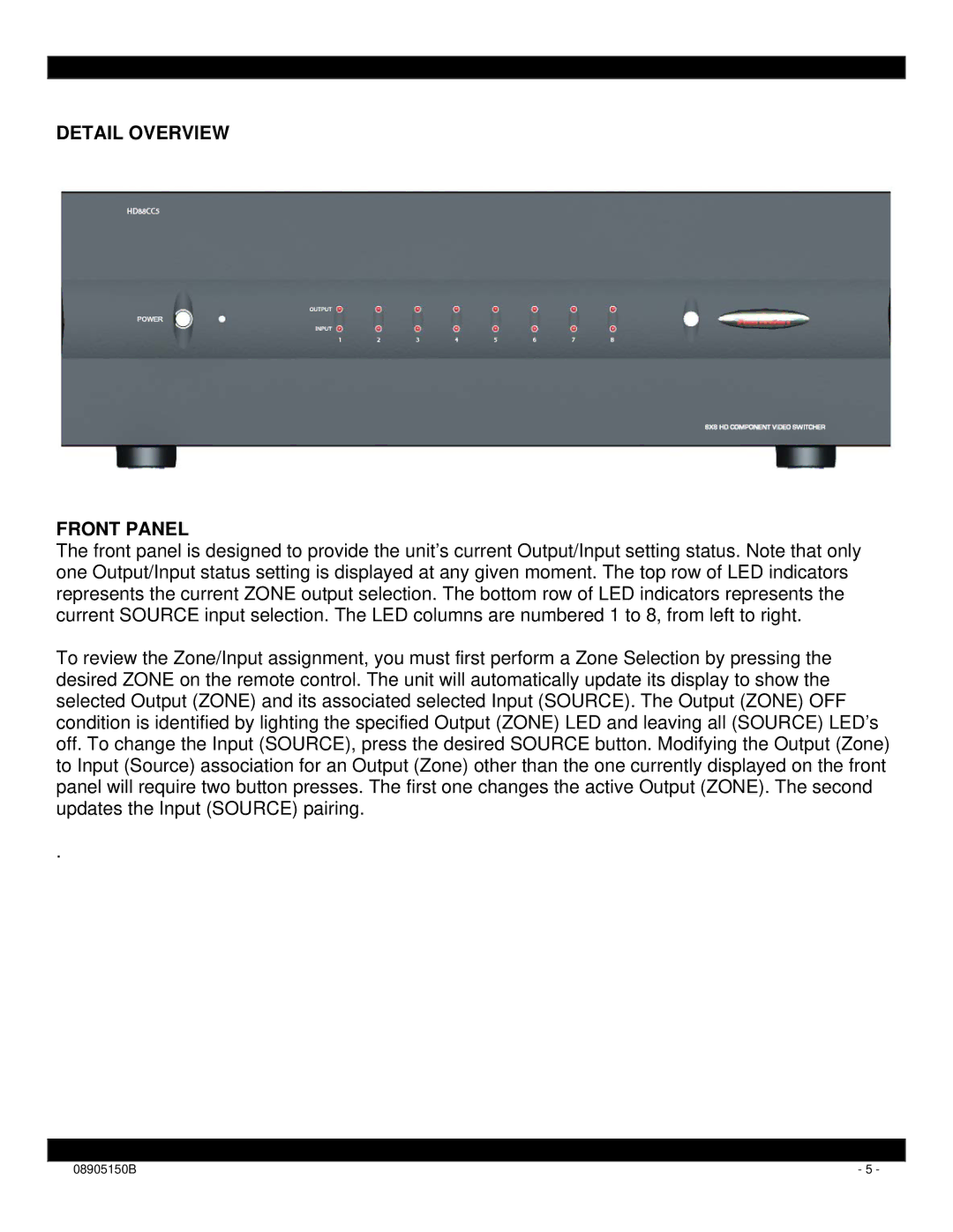 Xantech HD88CC5 installation instructions Detail Overview Front Panel 