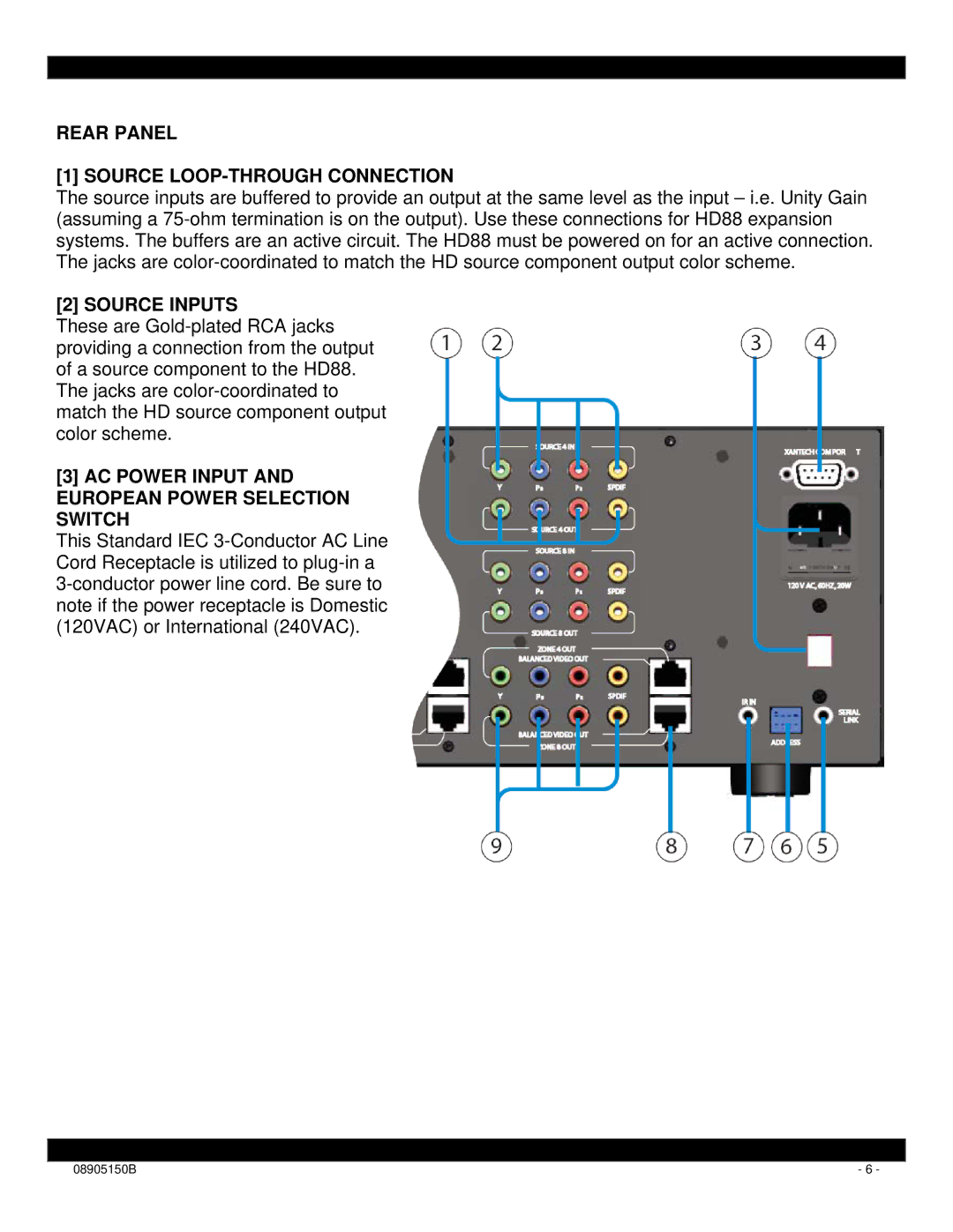 Xantech HD88CC5 installation instructions Rear Panel Source LOOP-THROUGH Connection, Source Inputs 