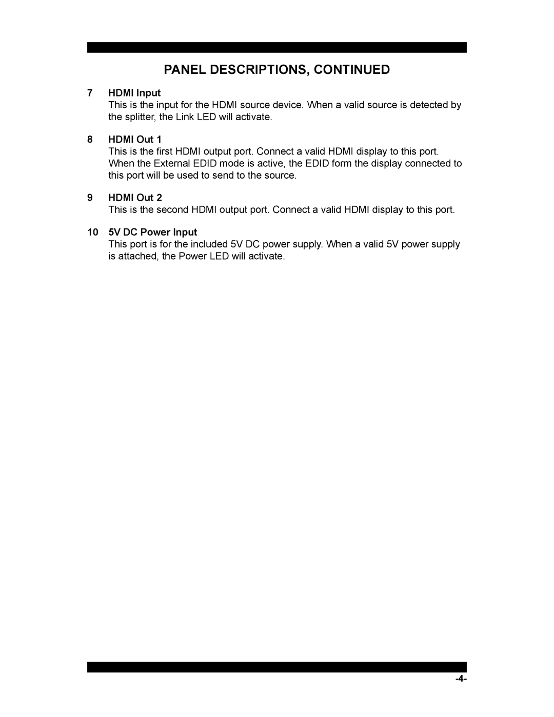 Xantech HDMI1X2 user manual Panel Descriptions, Hdmi Input, Hdmi Out, 10 5V DC Power Input 