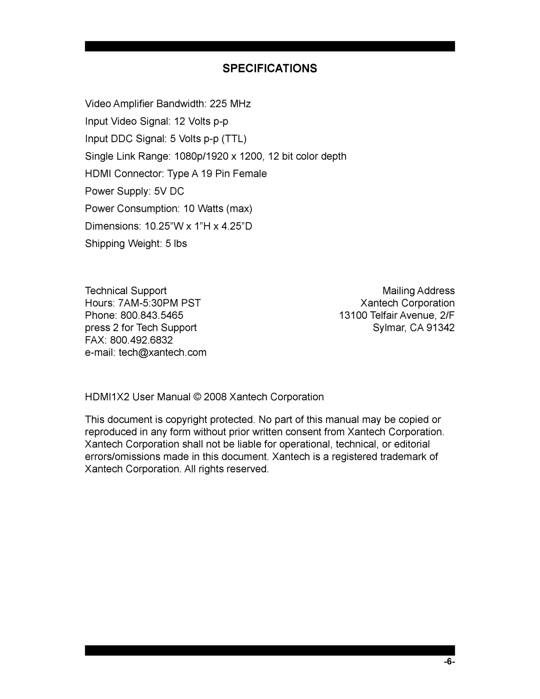 Xantech HDMI1X2 user manual Specifications 