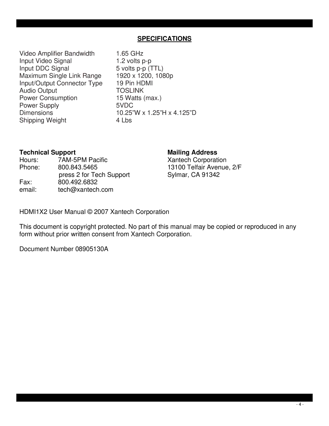 Xantech HDMI1X2 user manual Specifications, Technical Support Mailing Address 