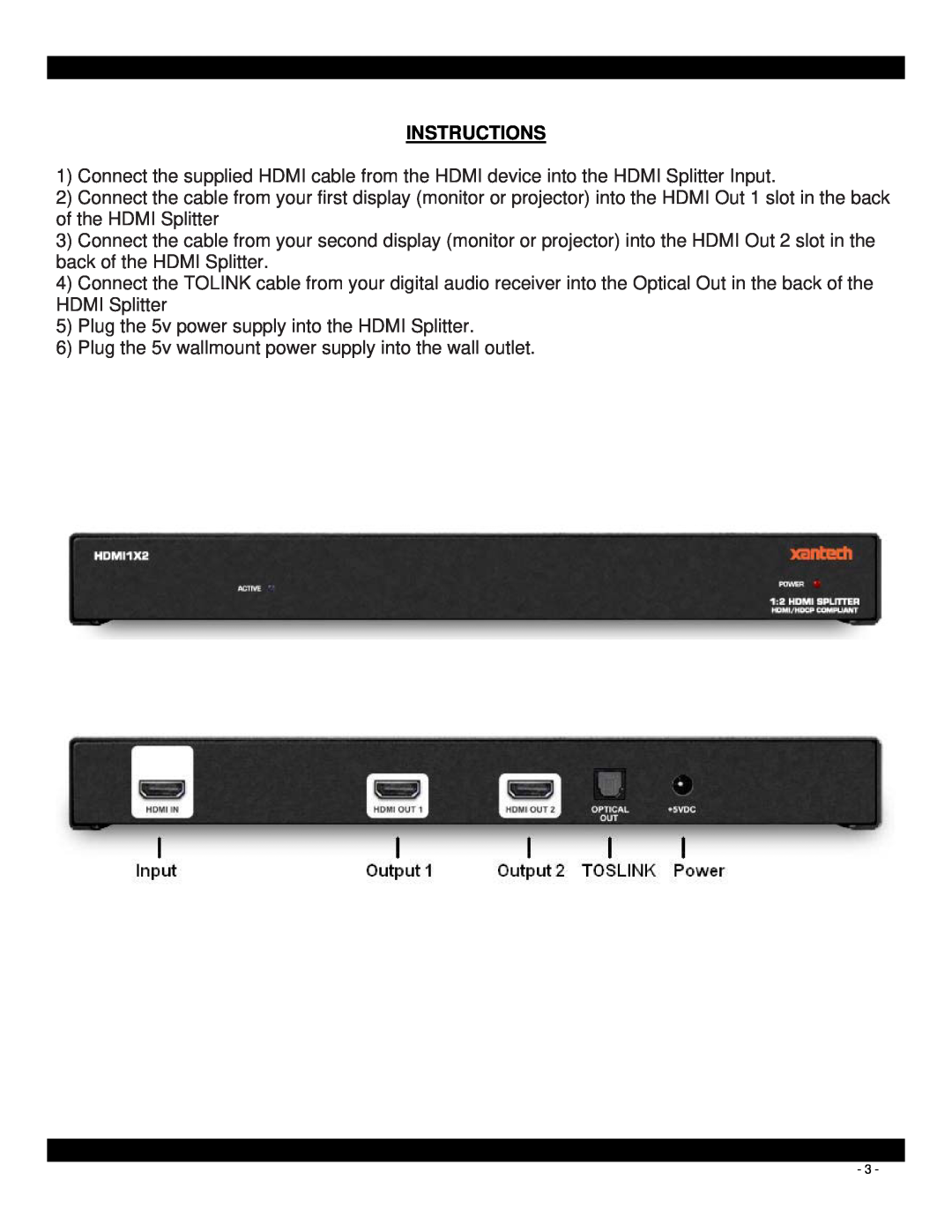 Xantech HDMI1X2 user manual Instructions 