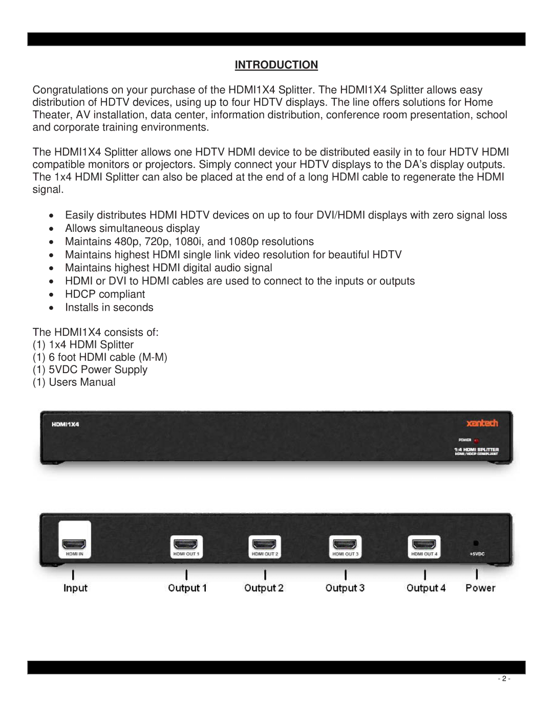 Xantech HDMI1X4 user manual Introduction 