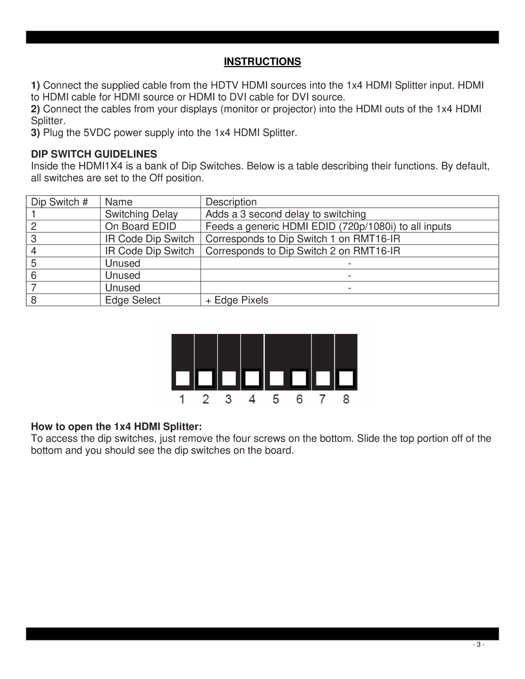 Xantech HDMI1X4 user manual Instructions, DIP Switch Guidelines 