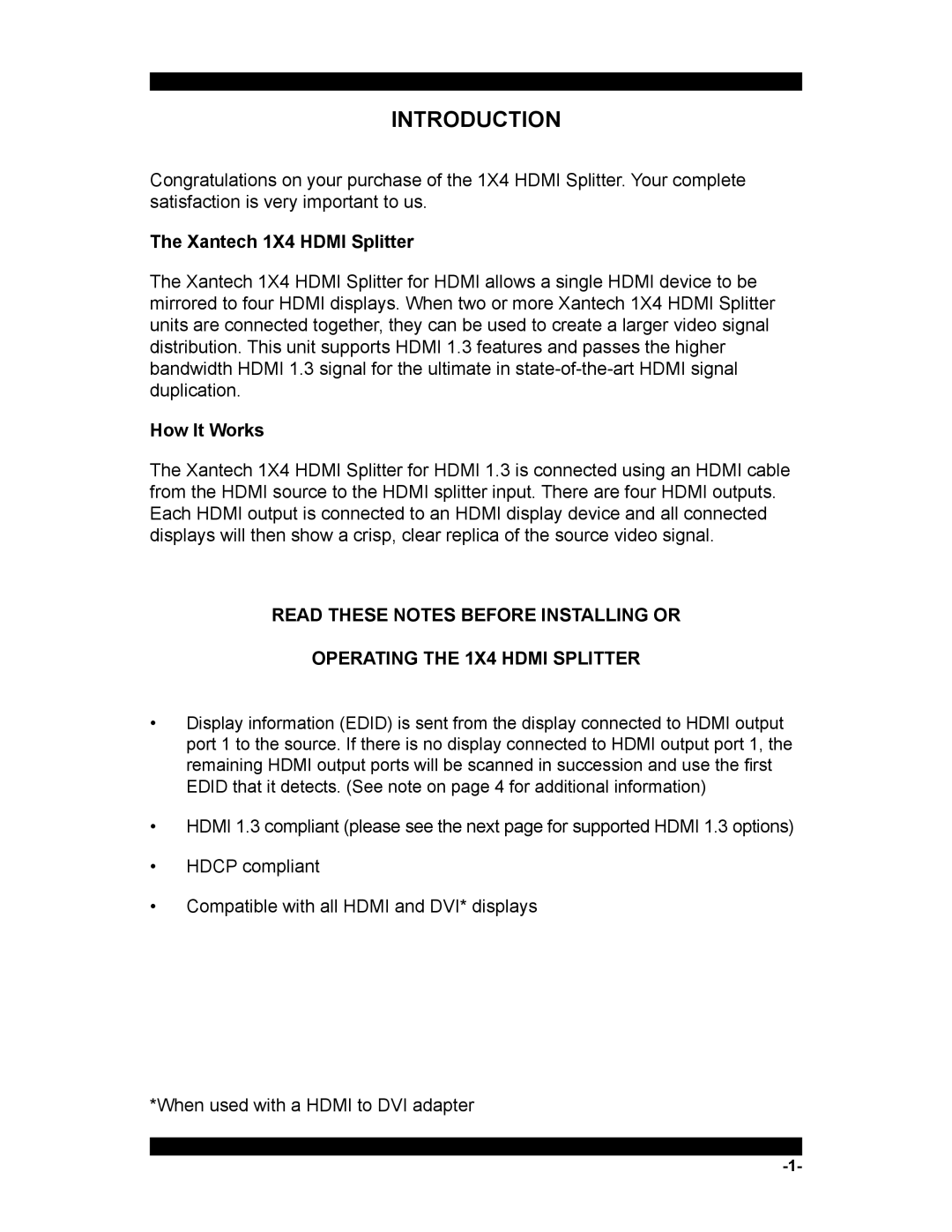 Xantech HDMI1X4 user manual Introduction, Xantech 1X4 Hdmi Splitter, How It Works 