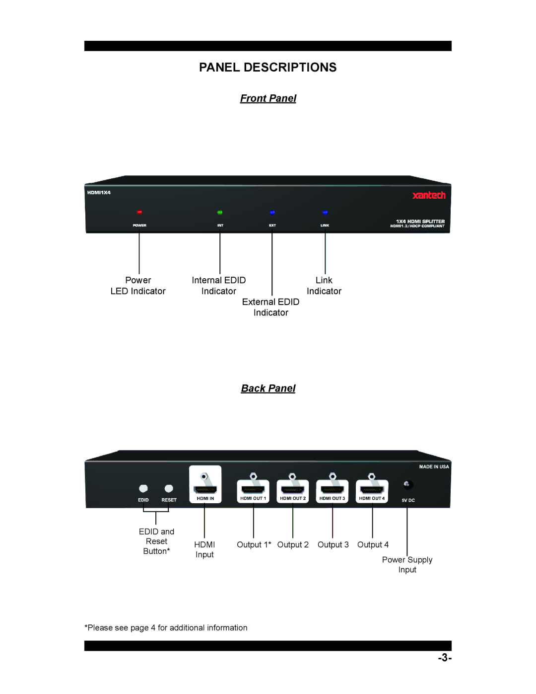 Xantech HDMI1X4 user manual Panel Descriptions, Back Panel 