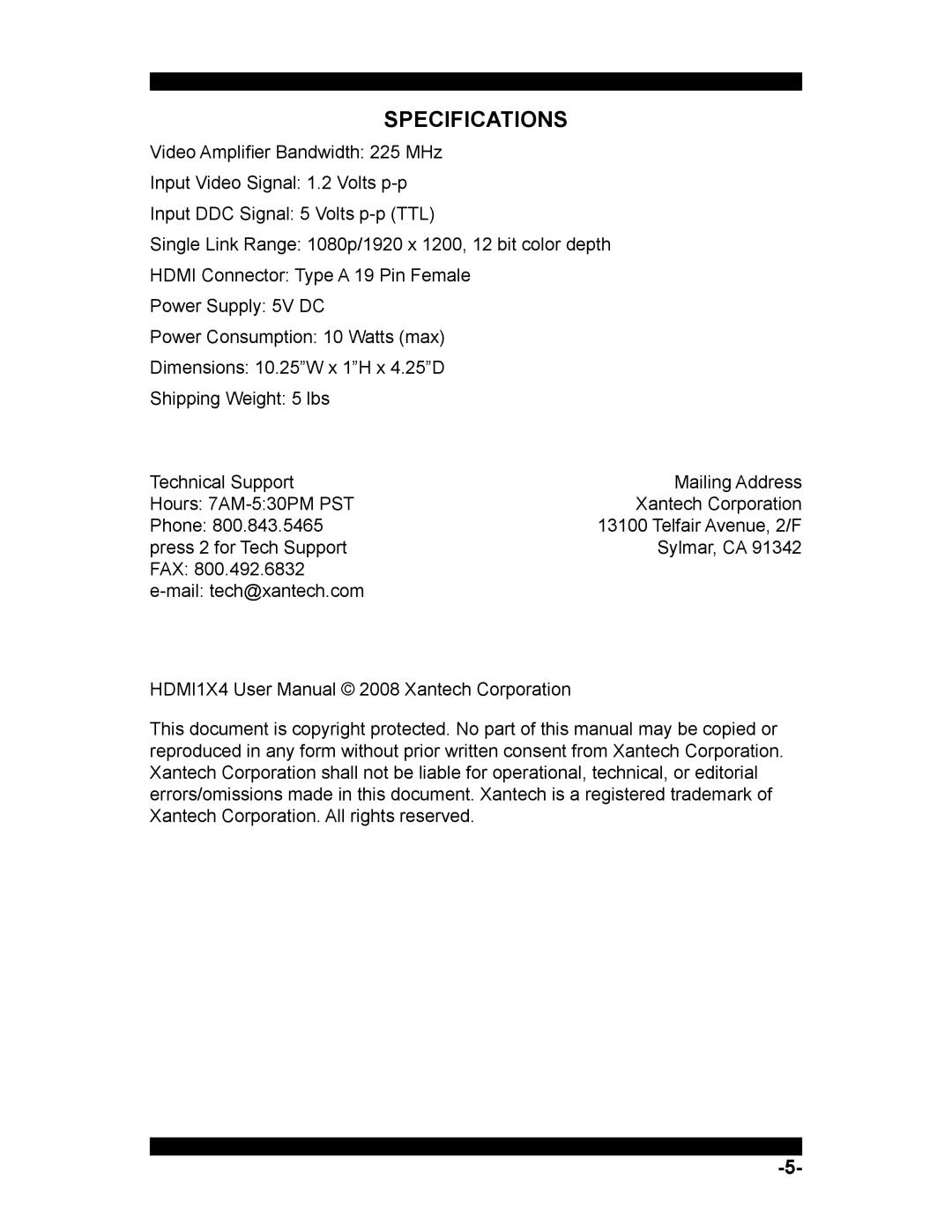 Xantech HDMI1X4 user manual Specifications 